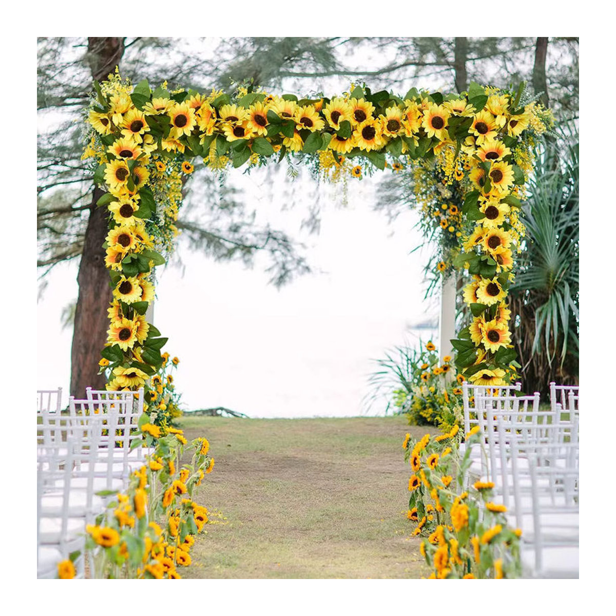 Künstliche Sonnenblumenrebe in Gelb und Grün mit Rattan und Blättern als hängende florale Dekoration für Hochzeit und Zuhause - Bild 2