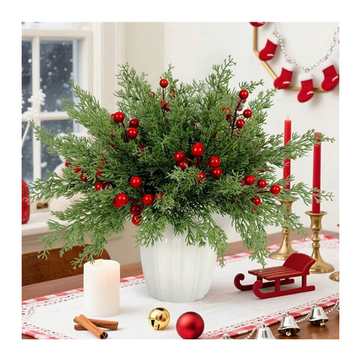 Künstliche Stechpalme mit roten Früchten von Yusheng in Grün und Rot zur Dekoration für Weihnachten und Hochzeiten - Bild 6