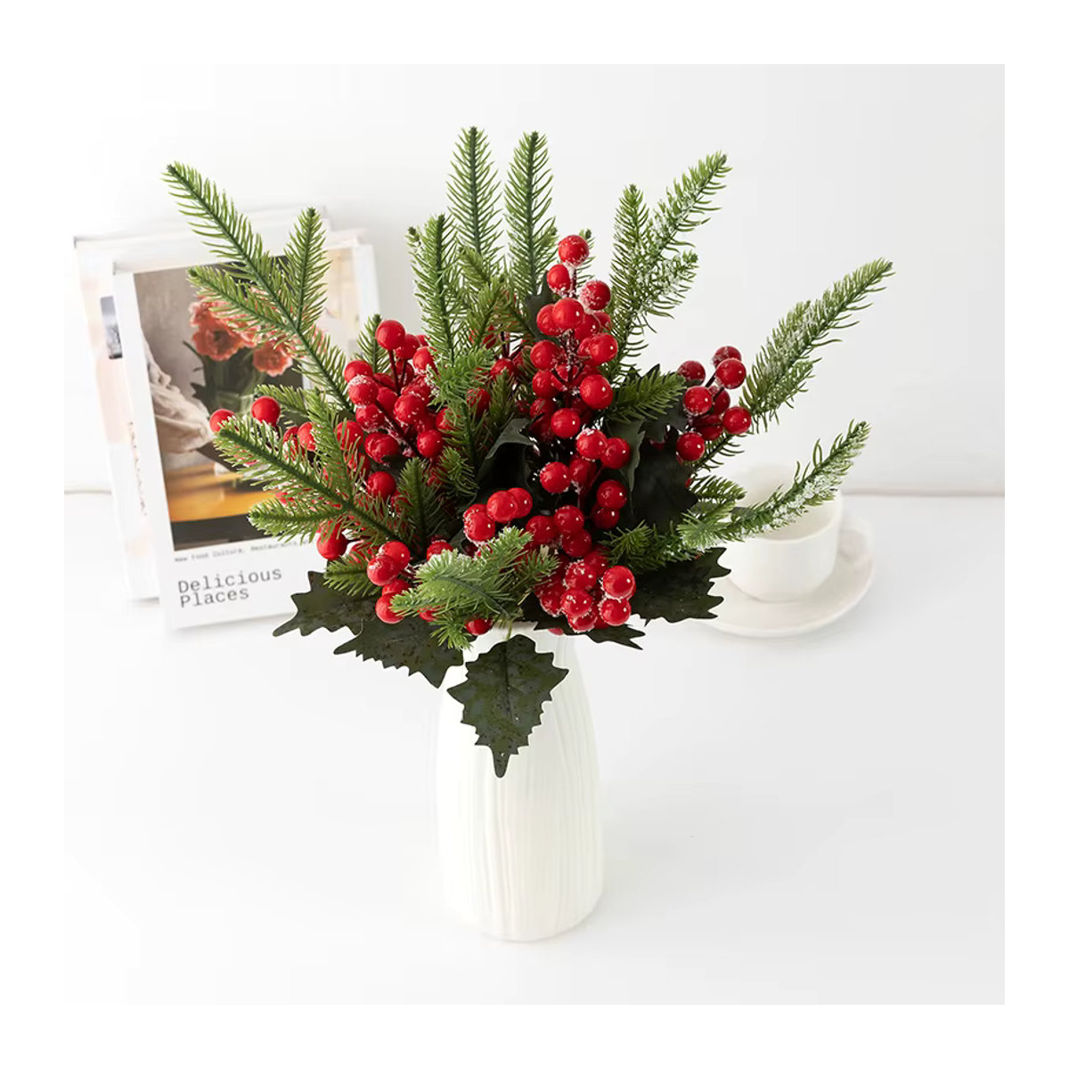 Künstliche Weihnachtsfrucht in Rot mit Beeren und Stechpalme als Dekoration für Weihnachten und Neujahr, Höhe: 36 cm - Bild 2