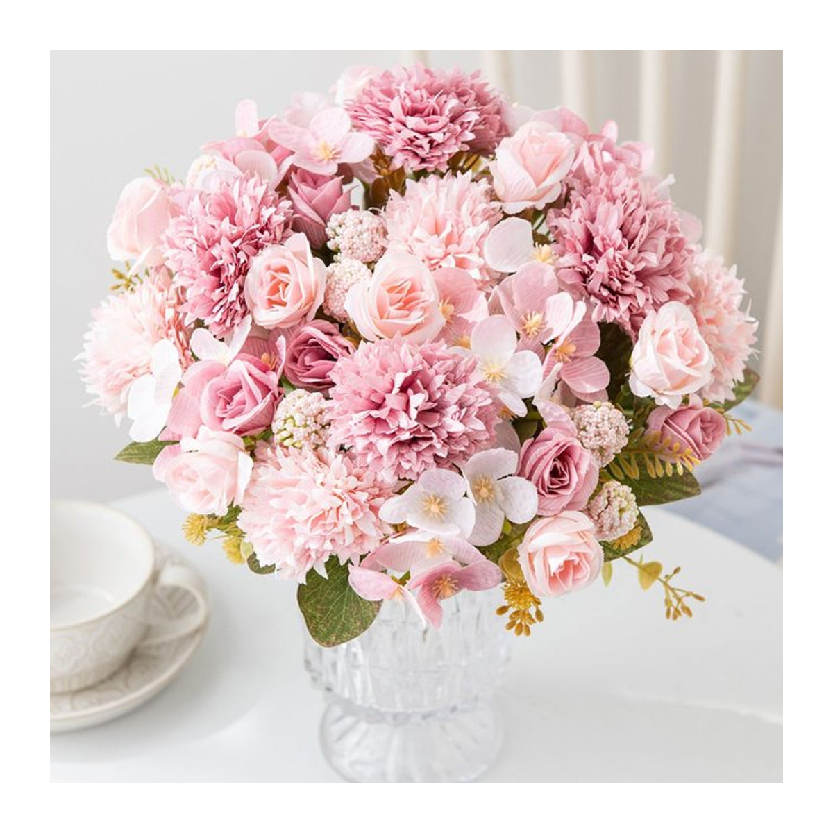 Künstlicher Blumenkranz smr in Rosa mit Rosen und Chrysanthemen für Hochzeit und Tischdekoration - Bild 1