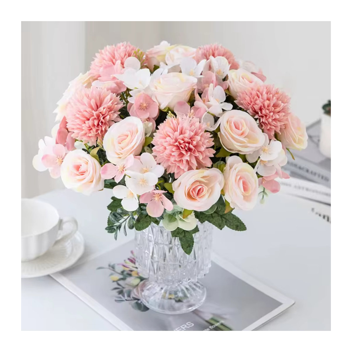 Künstlicher Blumenstrauß aus Seide mit Rosen und Chrysanthemen in Lila und Rosa für Hochzeiten und zur Dekoration - Bild 2