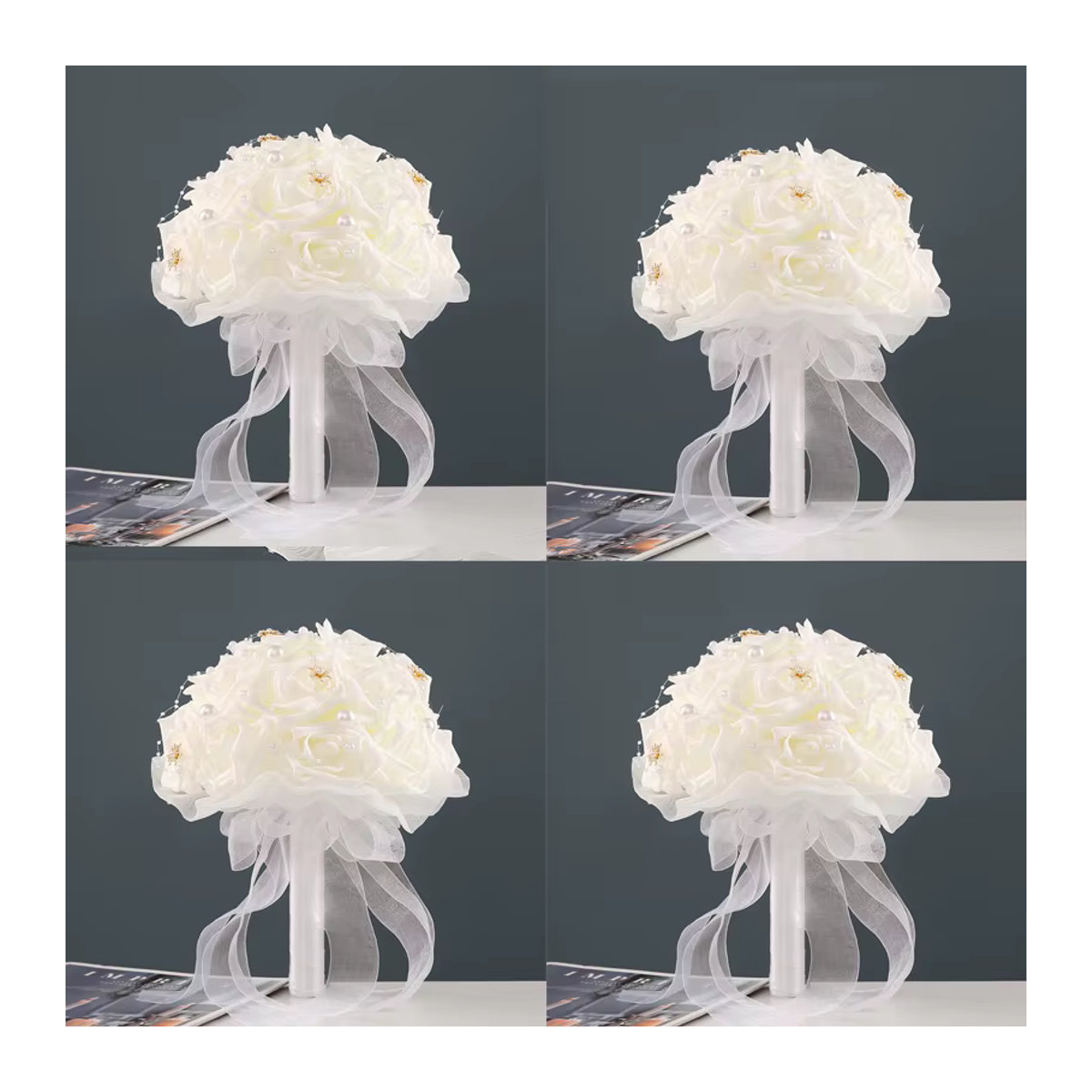 Künstlicher Brautstrauß aus weißen Rosen aus Textil für Hochzeiten und Verlobungen - Bild 4