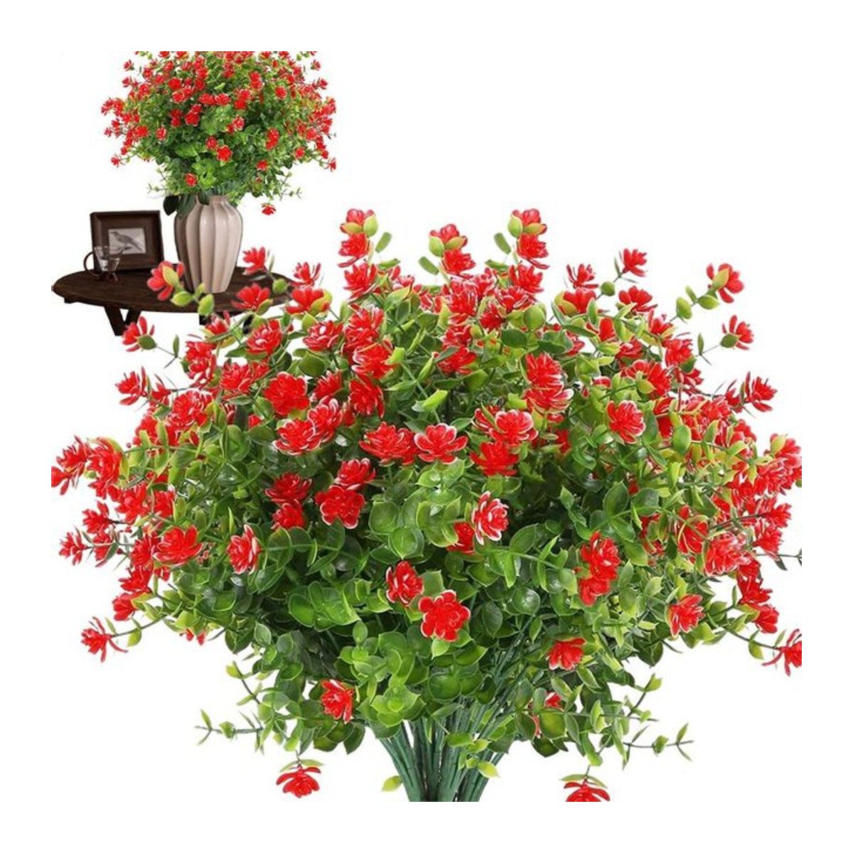 Künstlicher Eukalyptus-Bouquet mit Kamelien in Rot für Hochzeit und Garten Dekoration - Bild 1