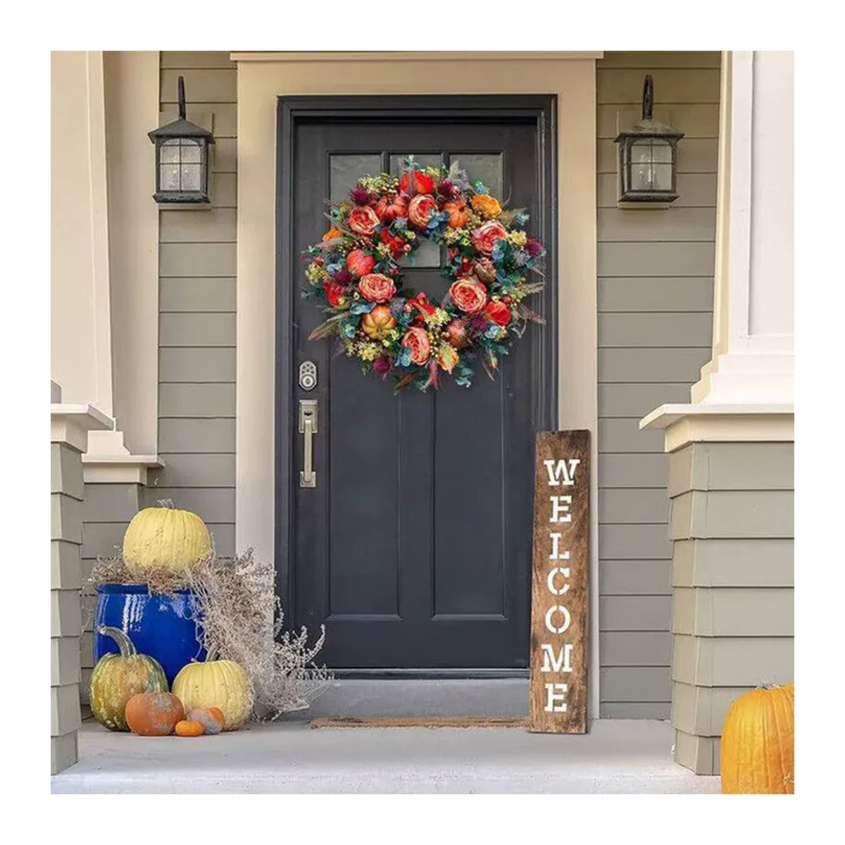 Künstlicher Herbstkranz mit Blättern und Kürbissen für Halloween und Thanksgiving, Durchmesser: 50 cm, Grün und Mehrfarbig - Bild 3