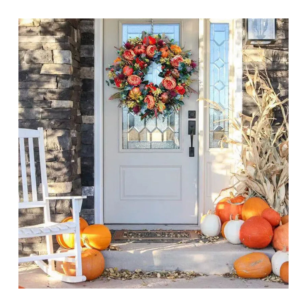 Künstlicher Herbstkranz mit Blättern und Kürbissen für Halloween und Thanksgiving, Durchmesser: 50 cm, Grün und Mehrfarbig - Bild 5