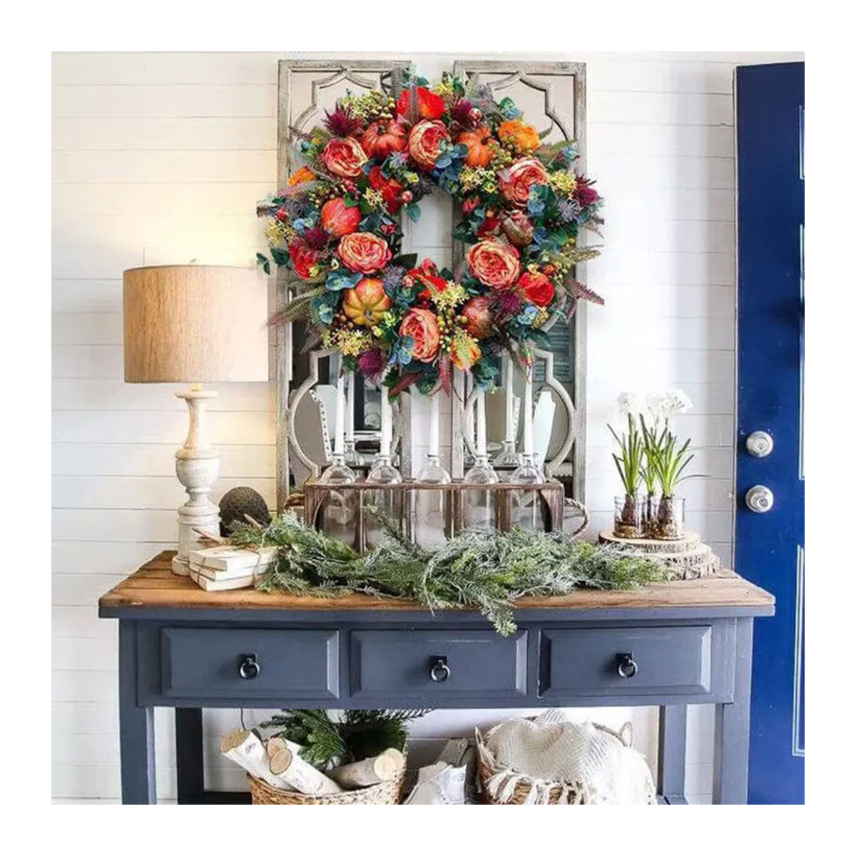 Künstlicher Herbstkranz mit Blättern und Kürbissen für Halloween und Thanksgiving, Durchmesser: 50 cm, Grün und Mehrfarbig - Bild 6
