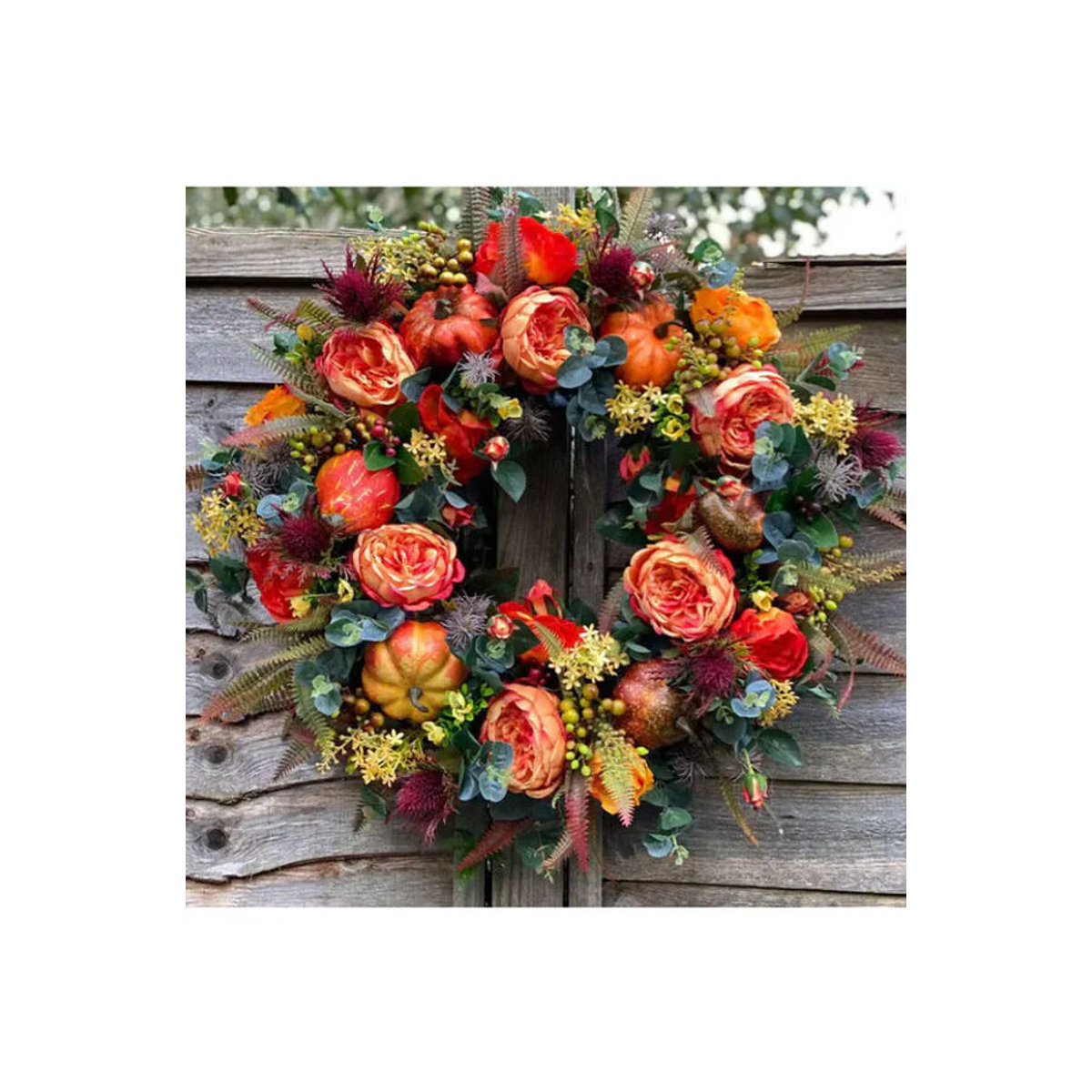 Künstlicher Herbstkranz mit Blättern und Kürbissen für Halloween und Thanksgiving, Durchmesser: 50 cm, Grün und Mehrfarbig - Bild 7