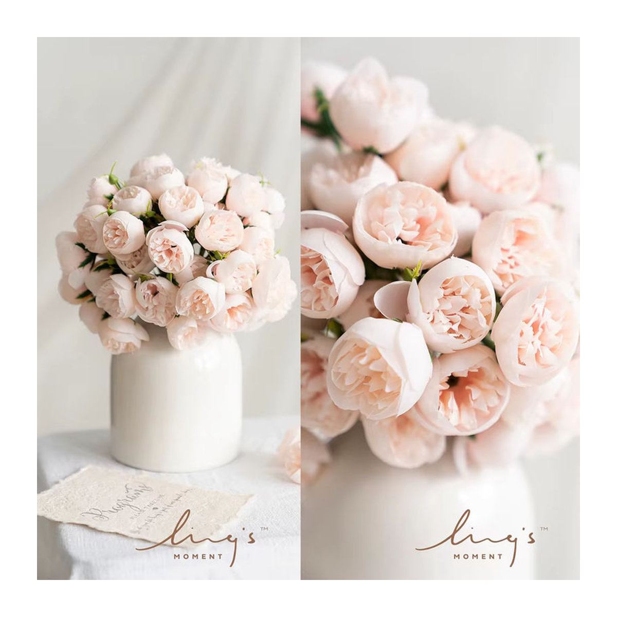 Künstlicher Rosen- und Pfingstrosenstrauß aus Textil mit 54 Köpfen in Rosa und Gelb zur Dekoration für Hochzeit und Zuhause - Bild 3