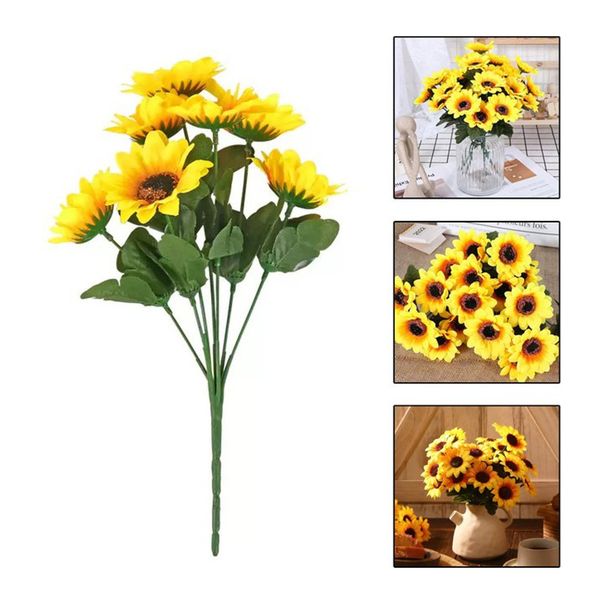 Künstlicher Sonnenblumenstrauß in Gelb mit 7 Köpfen, 29 cm Höhe für Garten, Hochzeit und Dekoration - Bild 1