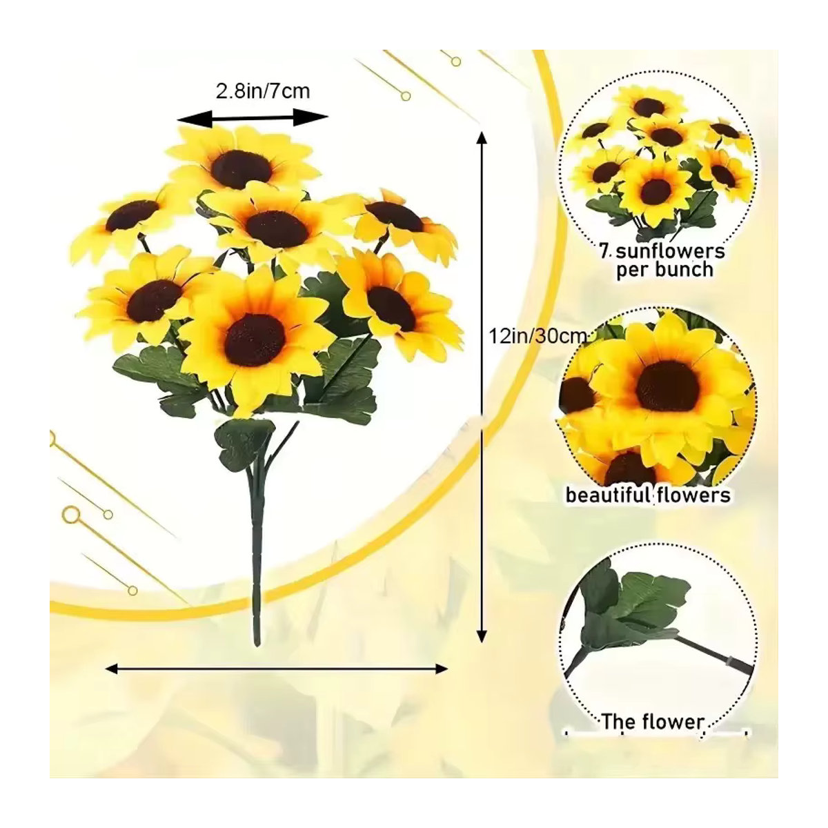 Künstlicher Sonnenblumenstrauß in Gelb mit 7 Köpfen, 29 cm Höhe für Garten, Hochzeit und Dekoration - Bild 2