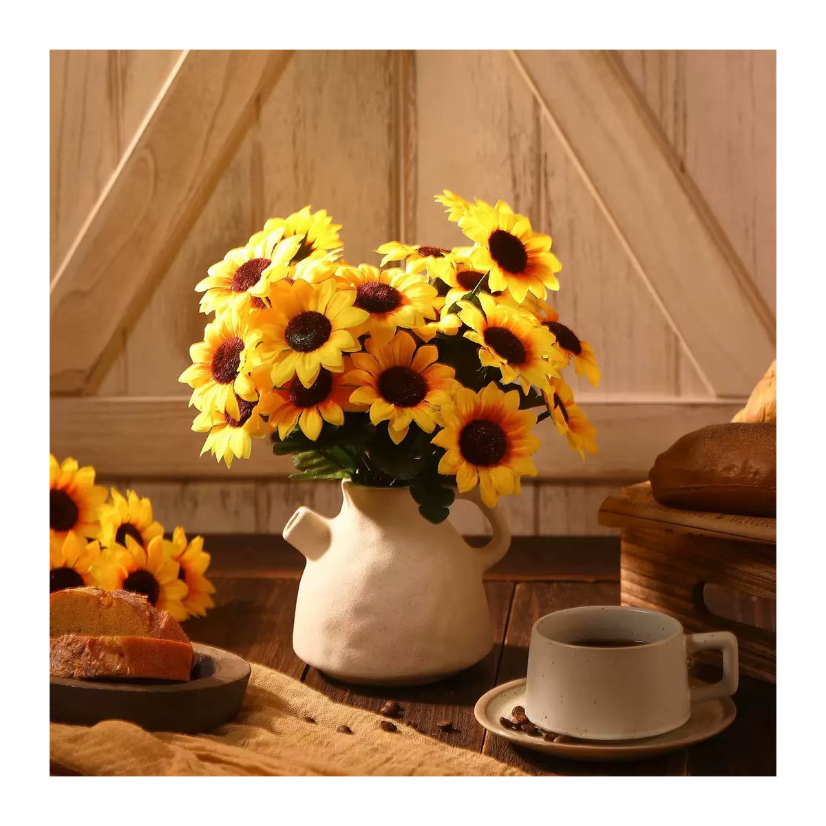 Künstlicher Sonnenblumenstrauß in Gelb mit 7 Köpfen, 29 cm Höhe für Garten, Hochzeit und Dekoration - Bild 6