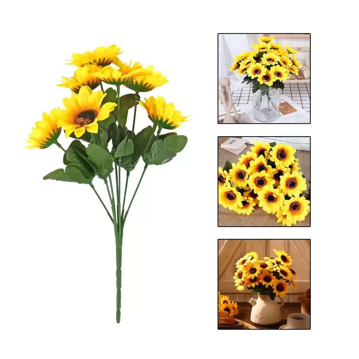 Künstlicher Sonnenblumenstrauß in Gelb mit 7 Köpfen, 29 cm Höhe für Garten, Hochzeit und Dekoration - Bild 7