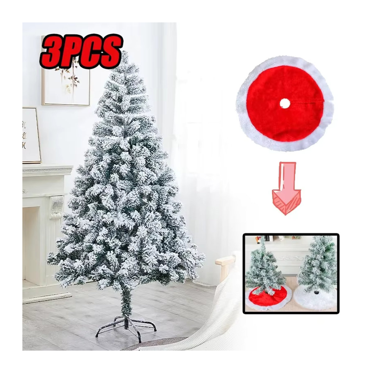 Künstlicher Weihnachtsbaum mit Baumrock, weiß beschneiter Tannenbaum für draußen und drinnen, weiß und rot - Bild 2