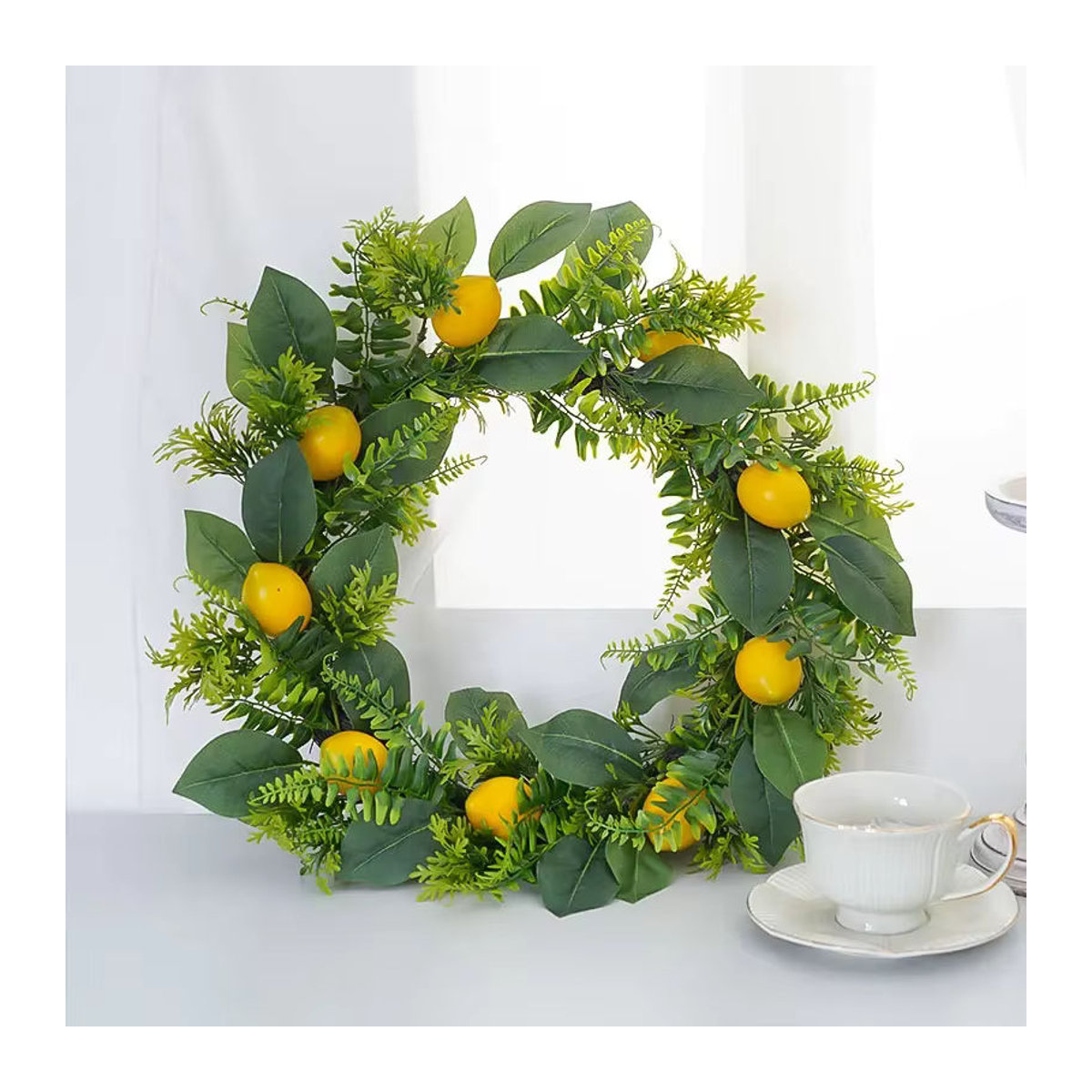 Künstlicher Zitronen-Pflanzenkranz in Rundform als mehrfarbige Wanddekoration für Hochzeiten und Feierlichkeiten - Bild 6