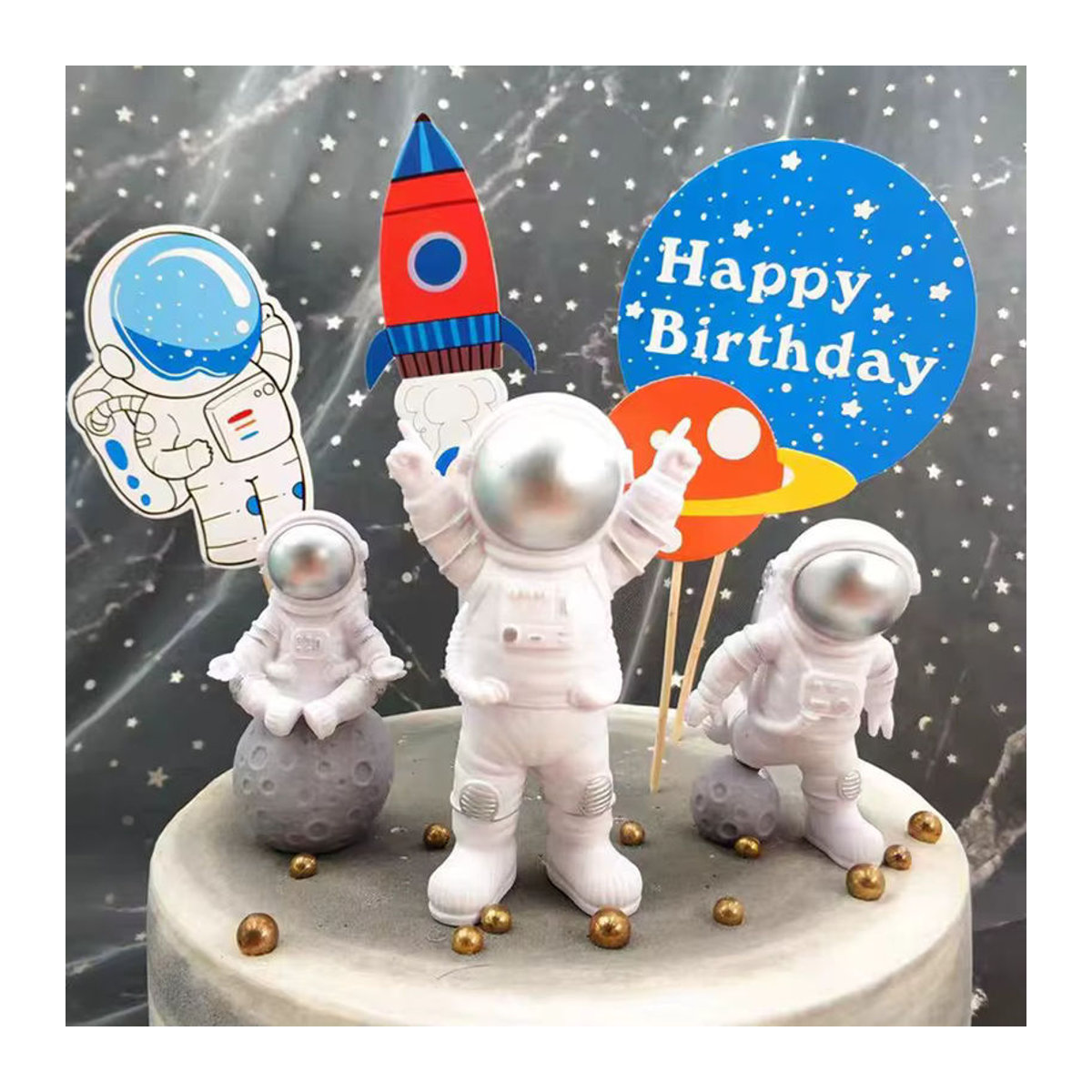 Kunststoff-Kuchendekoration mit Astronautenmotiv und Sternenhimmel in Blau und Weiß für Kindergeburtstage - Bild 3