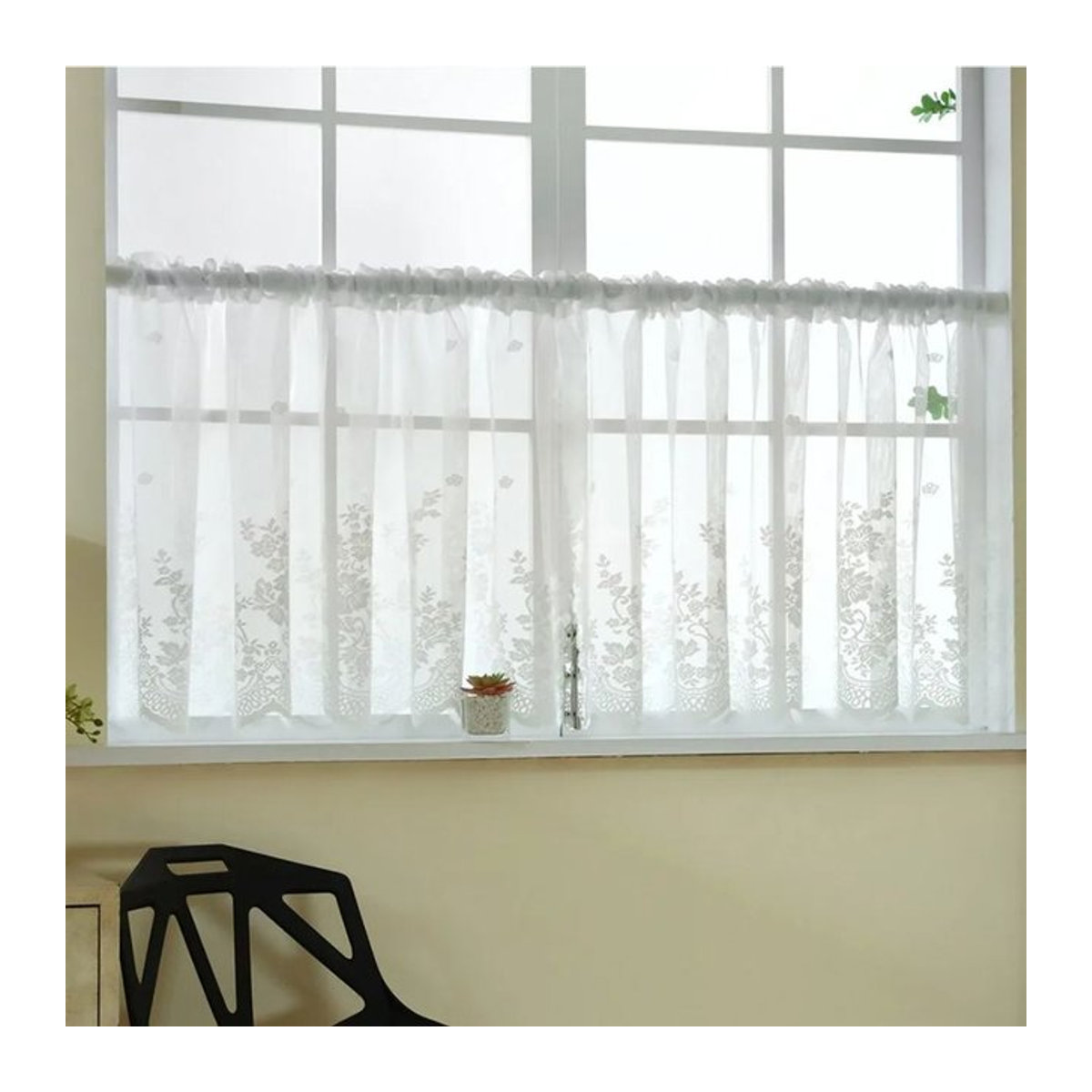 Kurzer Café-Vorhang aus Spitze in Weiß mit Stangen-Tasche für Fenster und Schränke - Bild 1