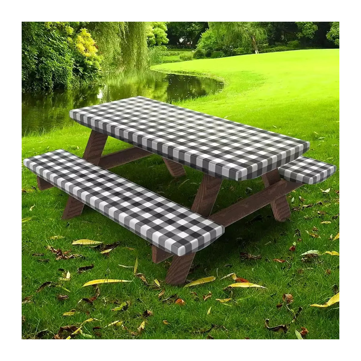 KUUJOJO 3-teiliges Camping-Picknick-Set mit rechteckiger Tischdecke und Bänken, wasserdicht und abwischbar, kariert, Schwarz/Weiß - Bild 1