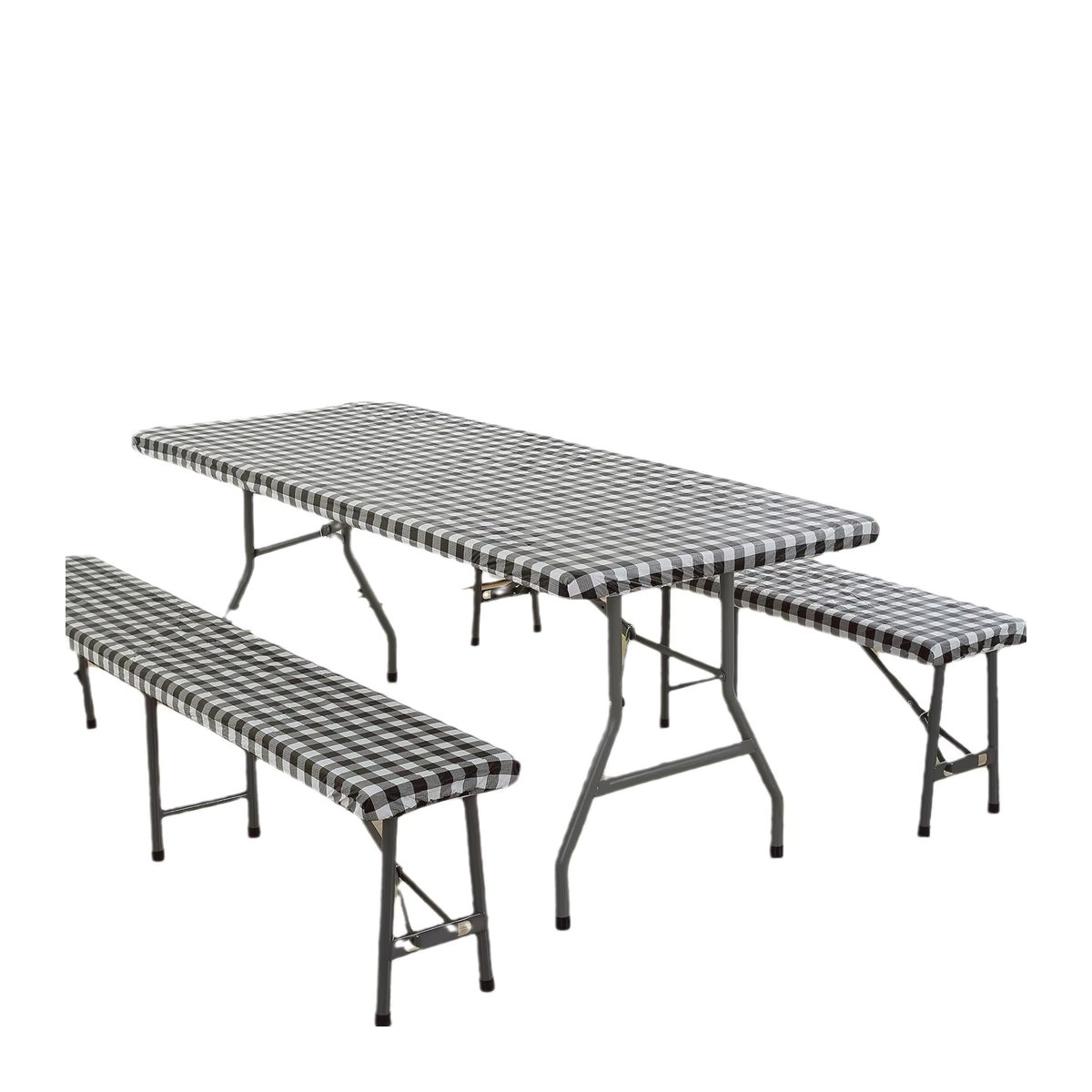 KUUJOJO 3-teiliges Camping-Picknick-Set mit rechteckiger Tischdecke und Bänken, wasserdicht und abwischbar, kariert, Schwarz/Weiß - Bild 2