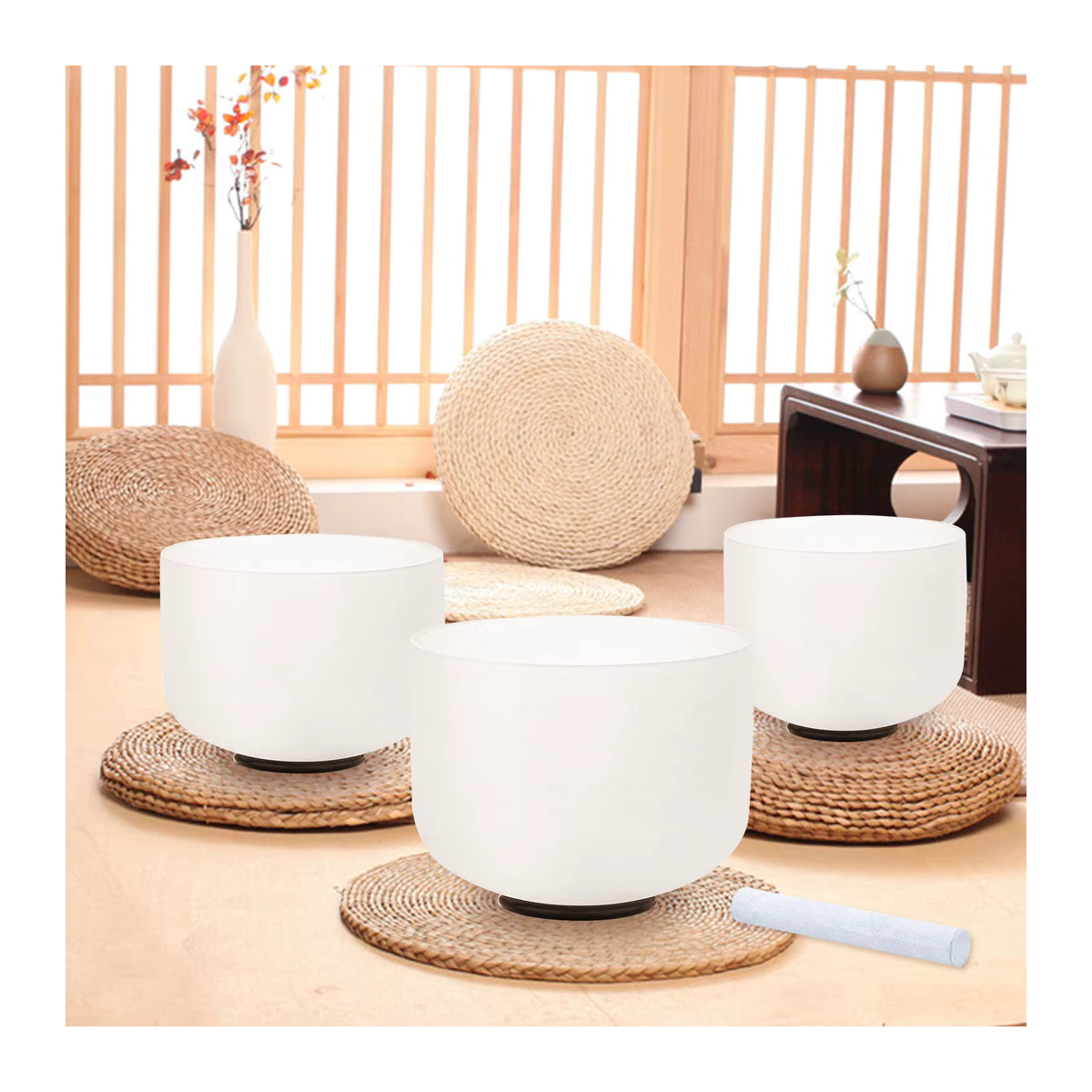 KVKA 3-teiliges Quarz-Kristall-Klangschalen-Set in Weiß mit 6, 8 und 10 Zoll für Yoga und Meditation - Bild 2