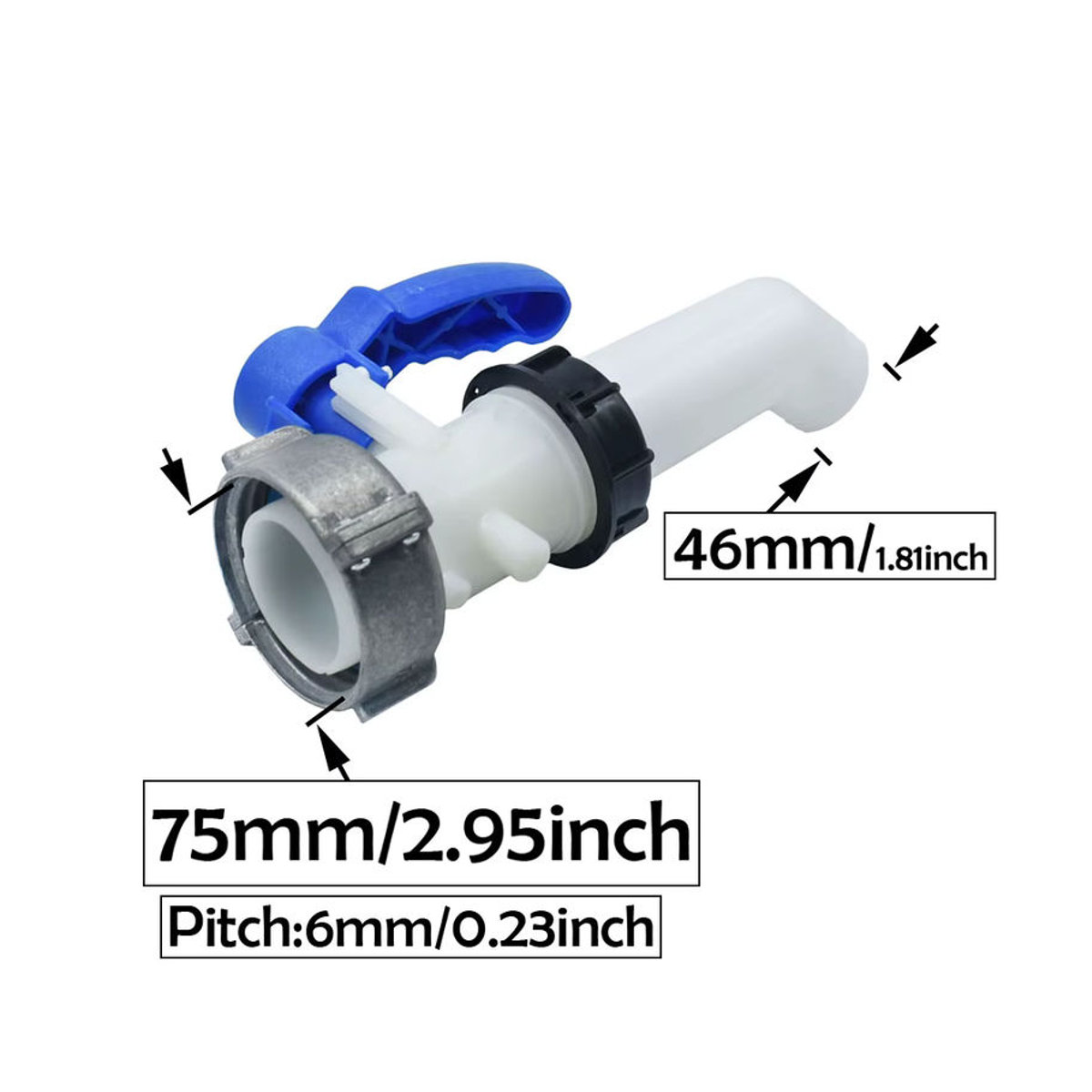 KWZL IBC Wassertank Adapter mit Wasserhahn in Blau, S60 x 6 mm und 75 mm Anschluss für 46 mm Gartenschläuche - Bild 3