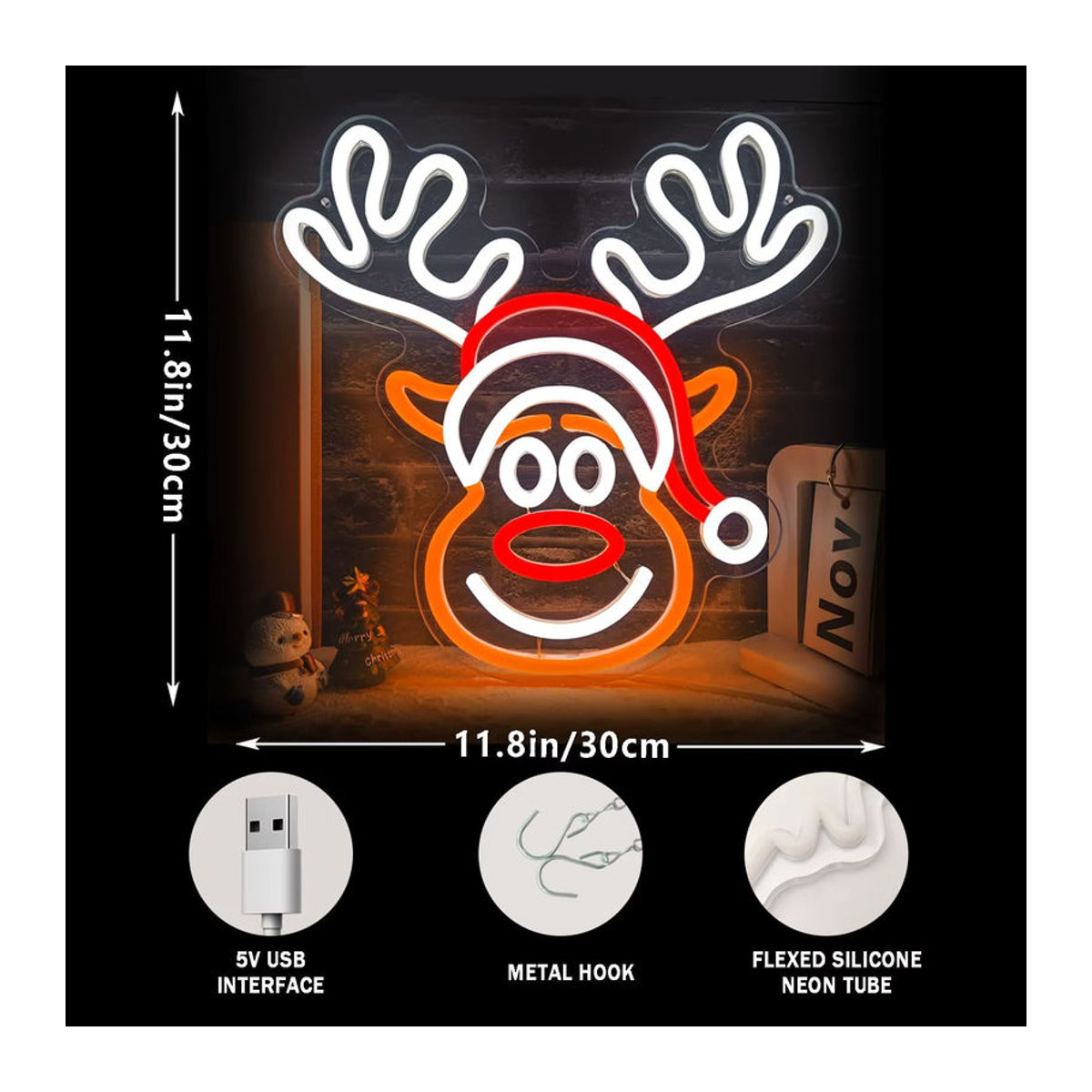 kzjspn Weihnachts-Elch-Neonschild dimmbares LED-Neonlicht für Weihnachtsdekoration, Schlafzimmer und Partys - Bild 3