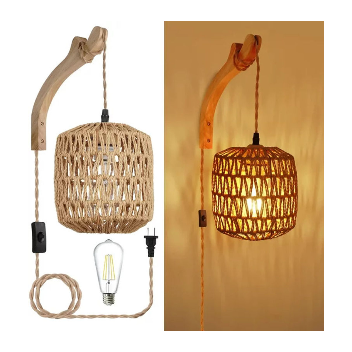 L-MANG Vintage Rattan Wandleuchte in Braun im Bohemian Retro-Stil mit E27 Fassung - Bild 1