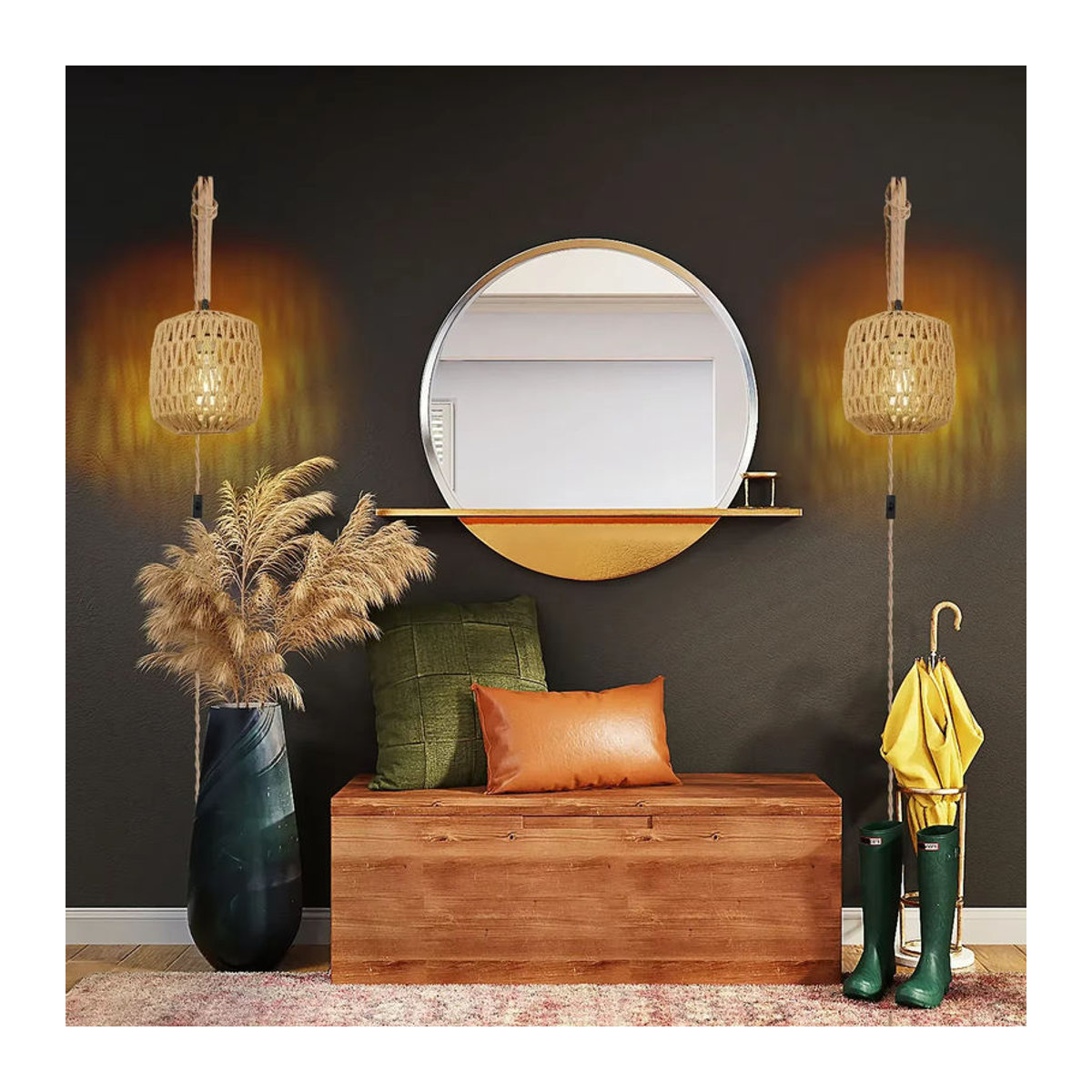 L-MANG Vintage Rattan Wandleuchte in Braun im Bohemian Retro-Stil mit E27 Fassung - Bild 3