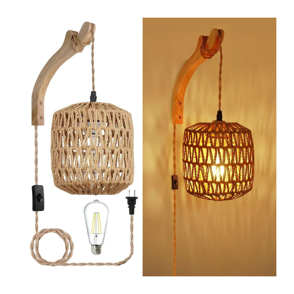 L-MANG Vintage Rattan Wandleuchte in Braun im Bohemian Retro-Stil mit E27 Fassung - Bild 5
