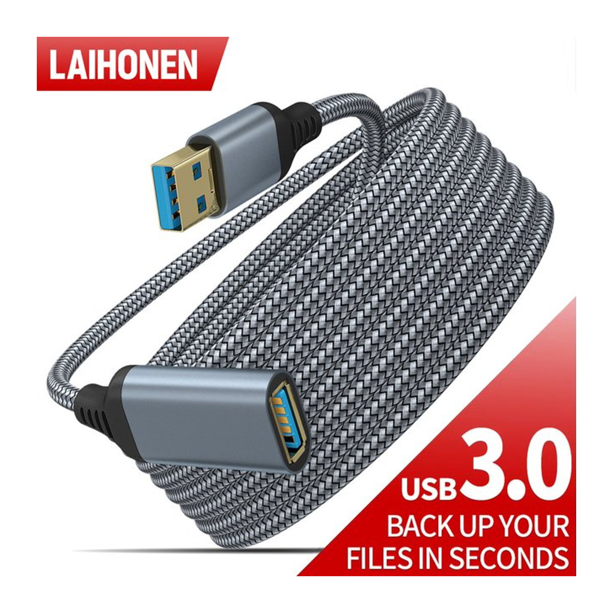 LAIHONEN USB 3.0 Verlängerungskabel Buchse auf Stecker in Grau für Hochgeschwindigkeitsdatenübertragung an Computer, Kamera und TV - Bild 1