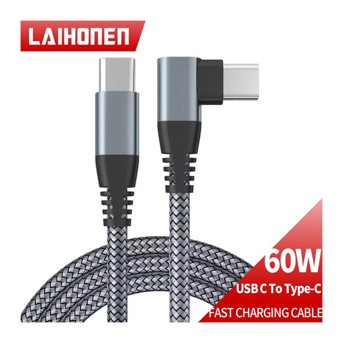 LAIHONEN USB Typ C Kabel 60W 3A Schnellladekabel mit Ellenbogen-Design für MacBook, Samsung, Xiaomi, Huawei und iPhone 15 in Schwarz oder Grau - Bild 1