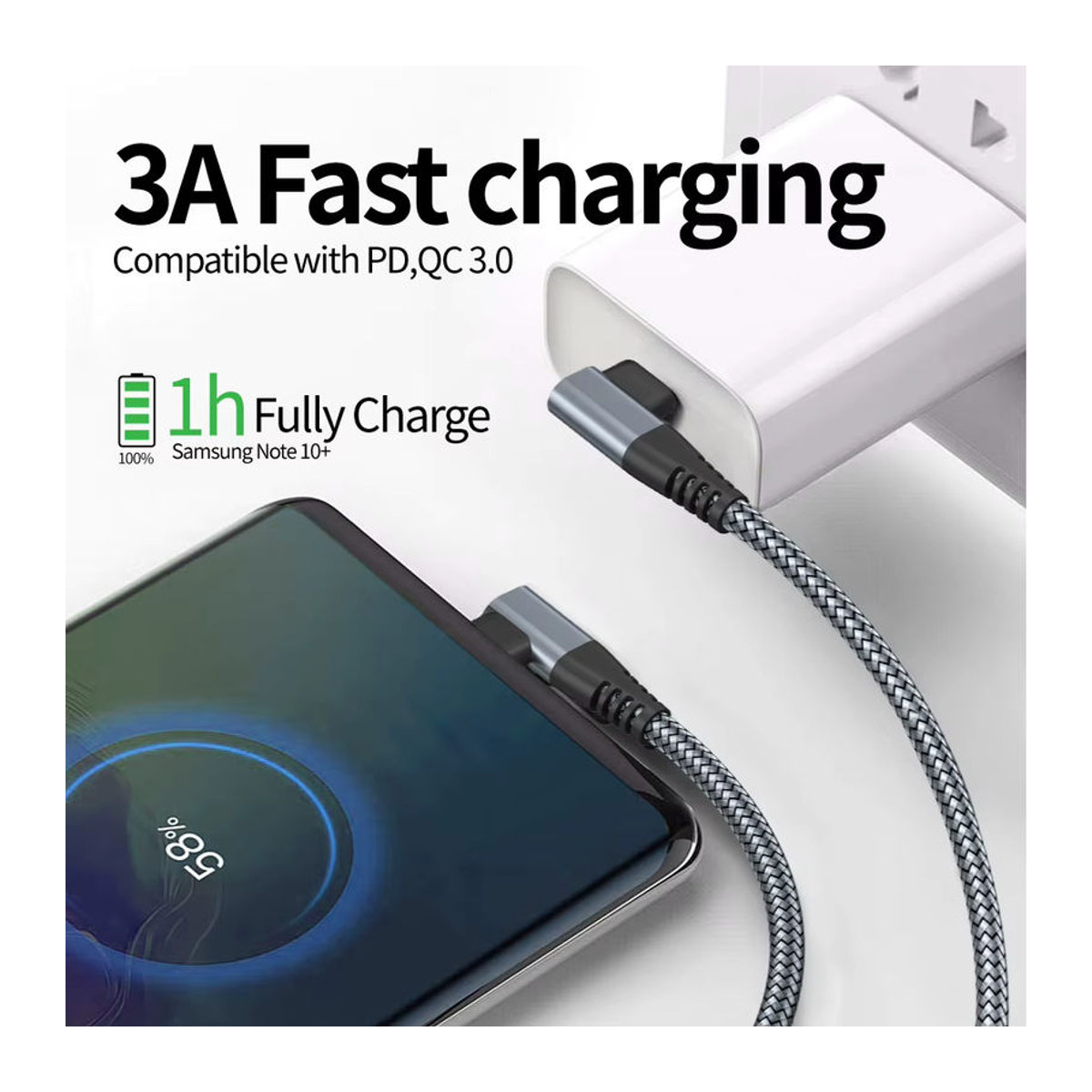 LAIHONEN USB Typ C Kabel 60W 3A Schnellladekabel mit Ellenbogen-Design für MacBook, Samsung, Xiaomi, Huawei und iPhone 15 in Schwarz oder Grau - Bild 3