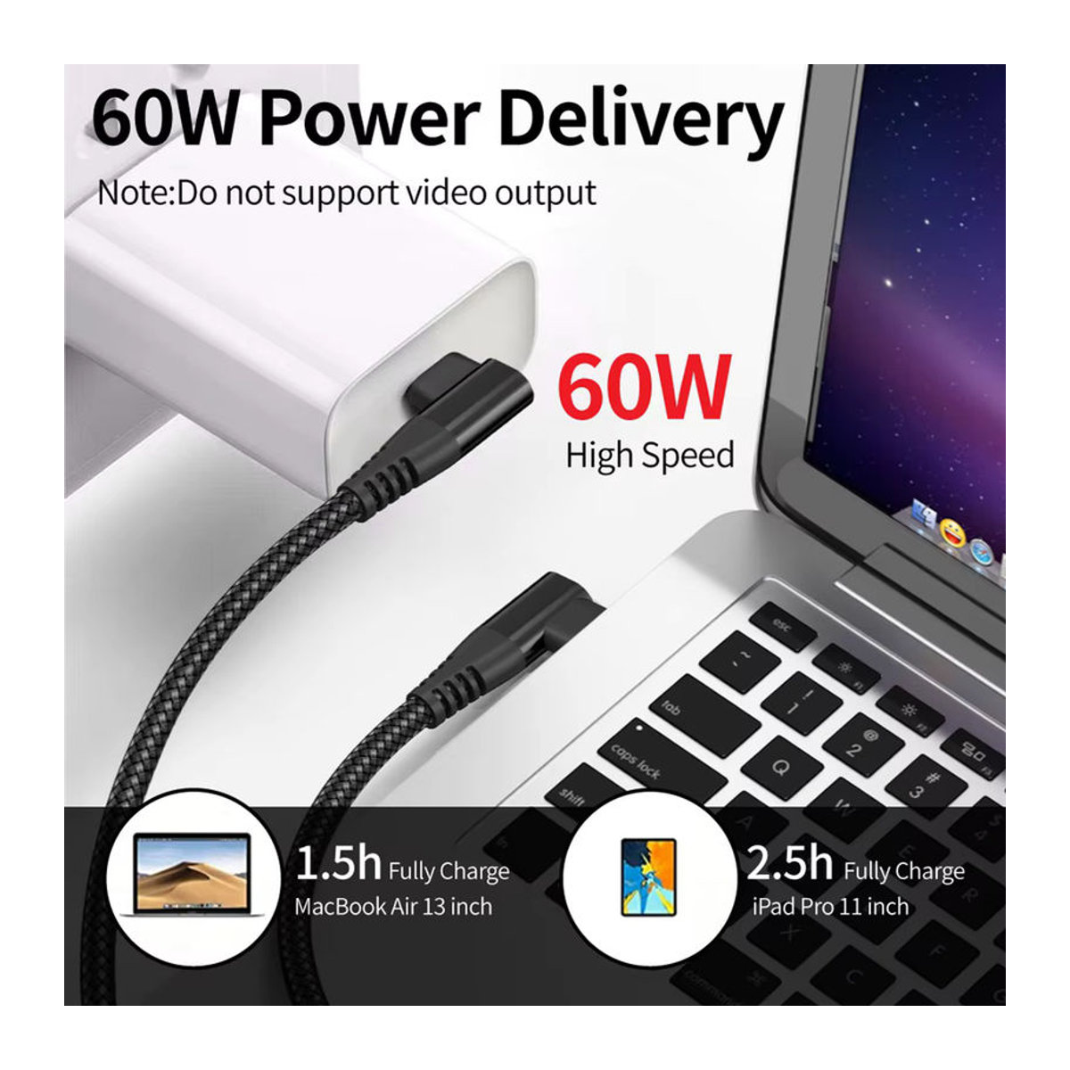 LAIHONEN USB Typ C Kabel 60W 3A Schnellladekabel mit Ellenbogen-Design für MacBook, Samsung, Xiaomi, Huawei und iPhone 15 in Schwarz oder Grau - Bild 4