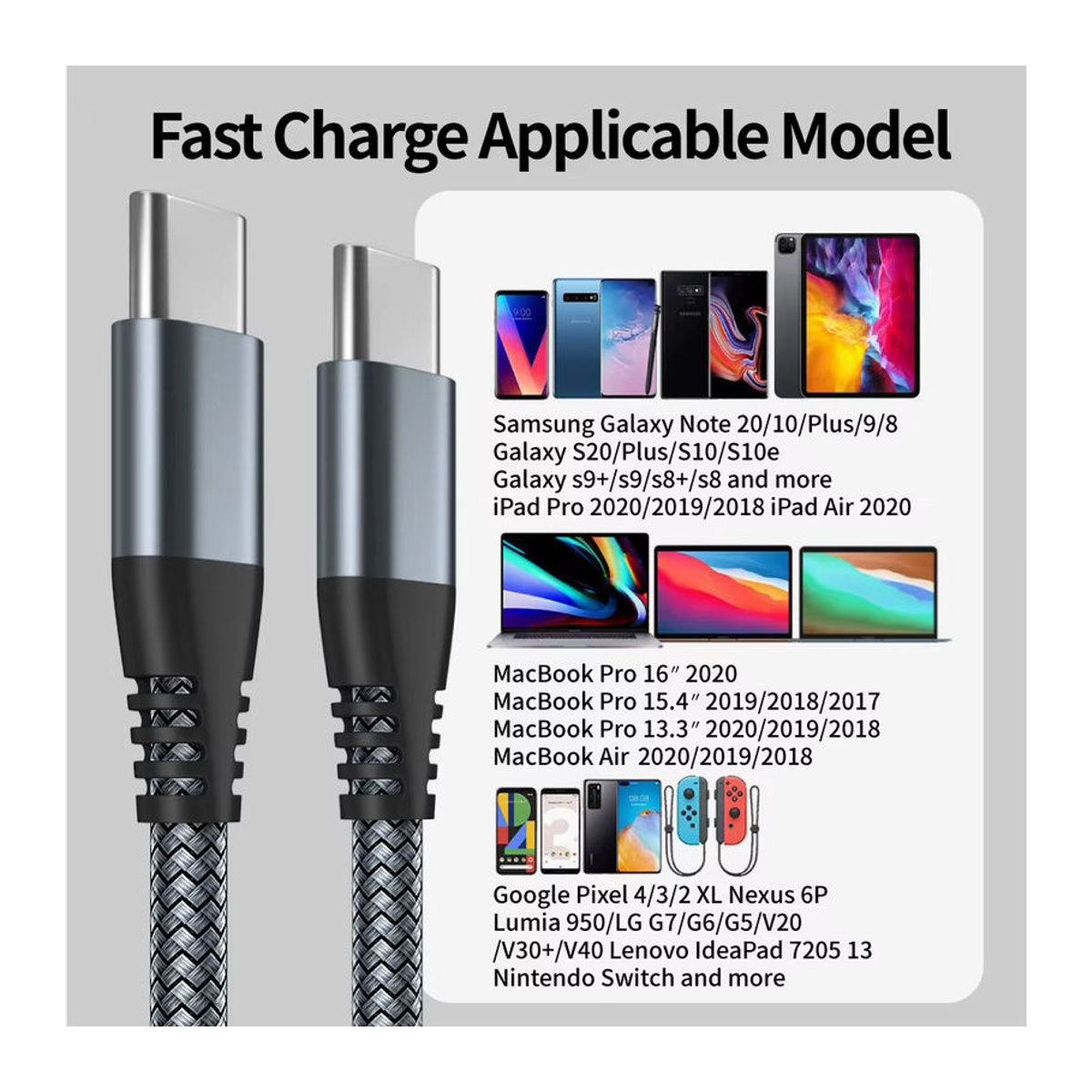 LAIHONEN USB Typ C Kabel 60W 3A Schnellladekabel mit Ellenbogen-Design für MacBook, Samsung, Xiaomi, Huawei und iPhone 15 in Schwarz oder Grau - Bild 6
