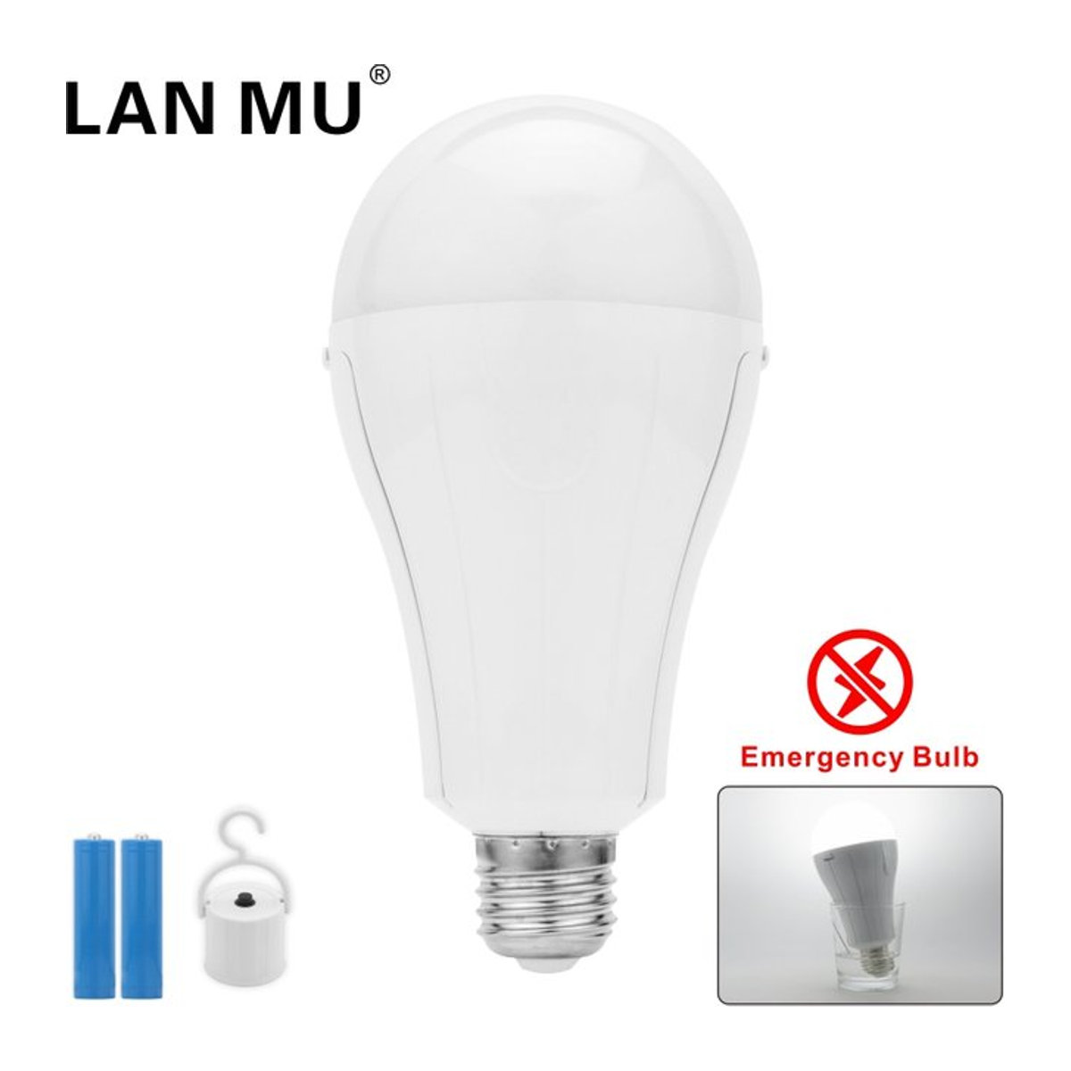 LAN MU LED Notfall Glühbirne E27 15W Kaltweiß mit 1600mAh Akku für Camping und Stromausfall - Bild 1