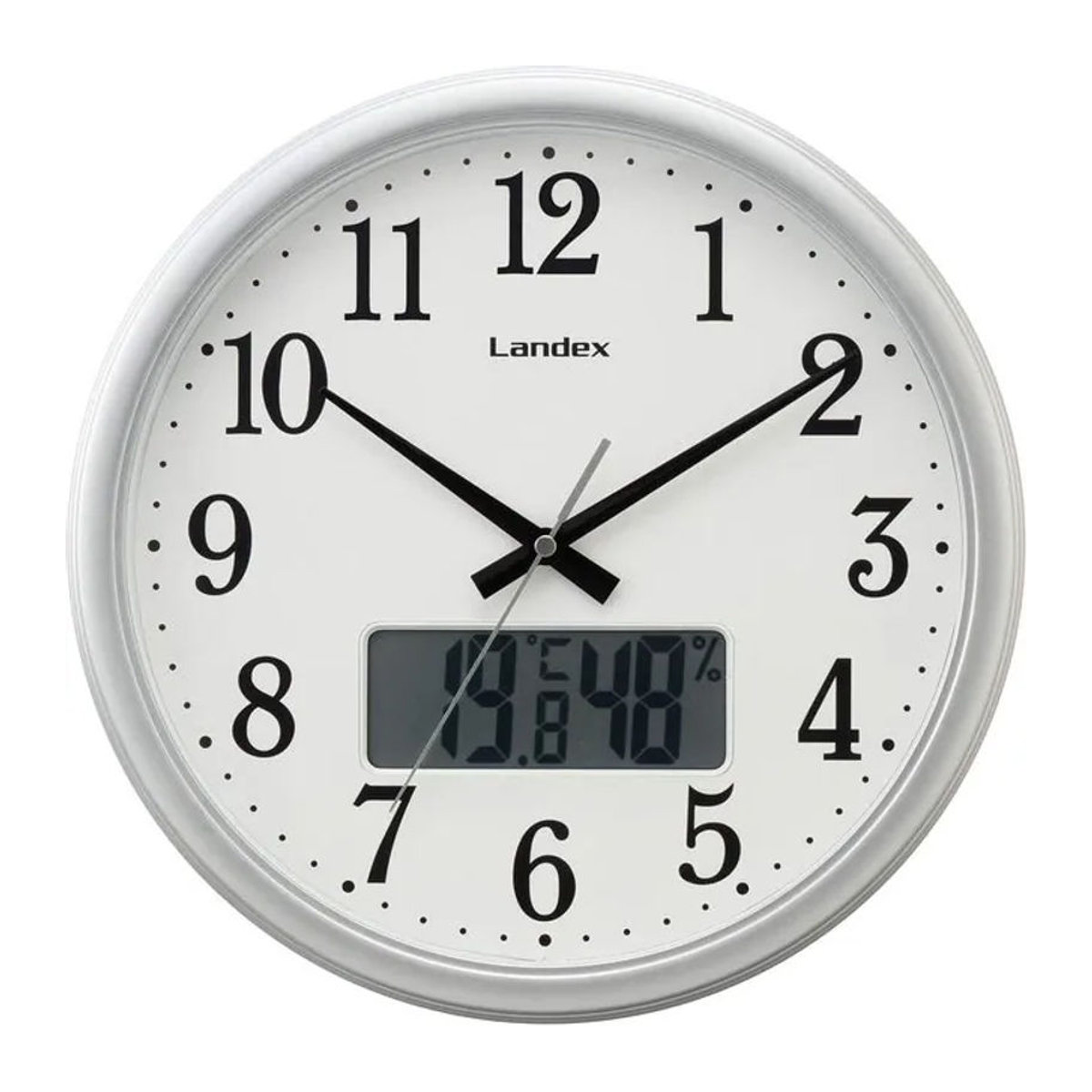 Landex Wanduhr analog mit Thermometer und Hygrometer, geräuschlos, Silber und Weiß - Bild 1