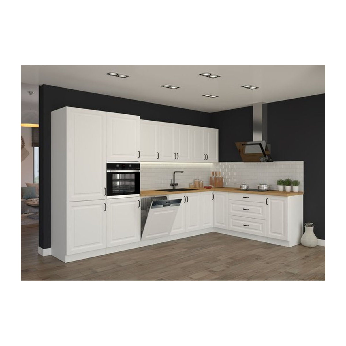 Landhaus Winkelküche Stilo in Weiß mit Drehtüren, B/T/H: 350 x 210 cm - Bild 1