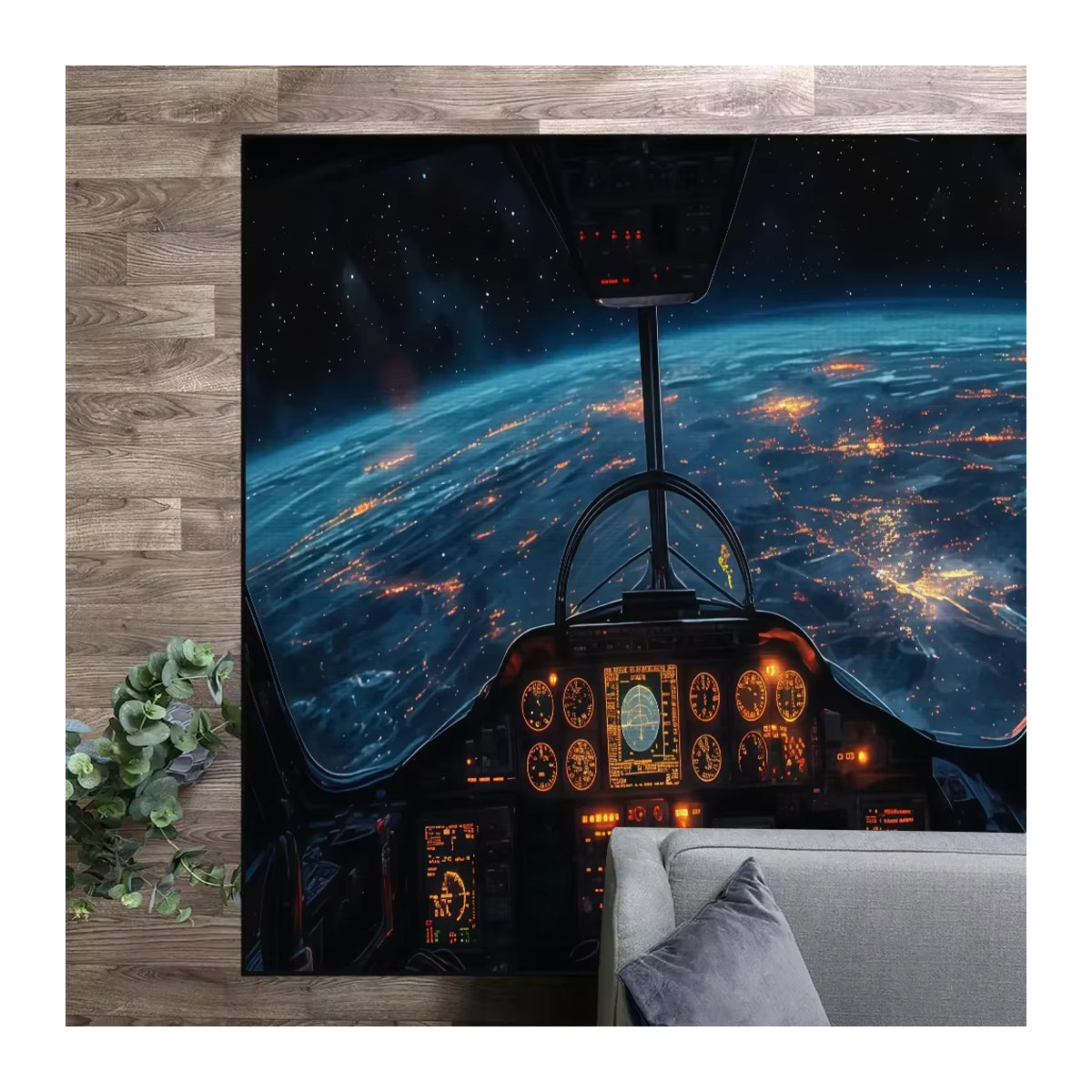 Landschaft Flugzeug Cockpit Teppich Blau als Bodenmatte für Wohnzimmer, Schlafzimmer oder Bad - Bild 2