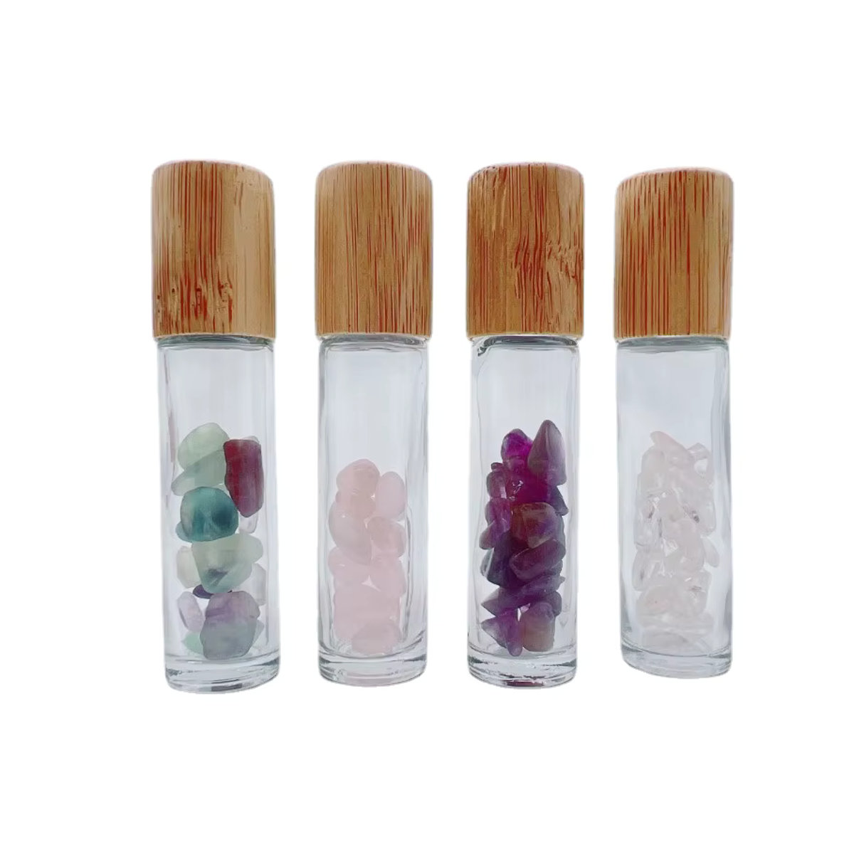 LANYUNER Set mit 4 Edelstein-Rollon-Flaschen aus Glas mit Bambusdeckel, Rosenquarz, Amethyst und Fluorit in Rosa, Lila und Grün - Bild 2