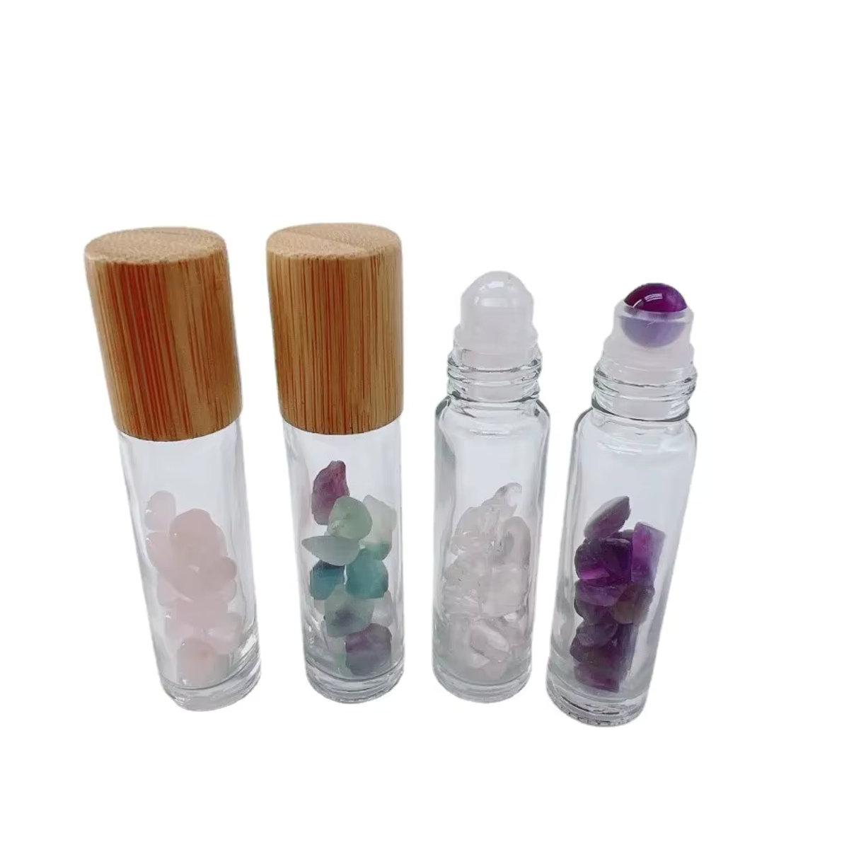 LANYUNER Set mit 4 Edelstein-Rollon-Flaschen aus Glas mit Bambusdeckel, Rosenquarz, Amethyst und Fluorit in Rosa, Lila und Grün - Bild 4