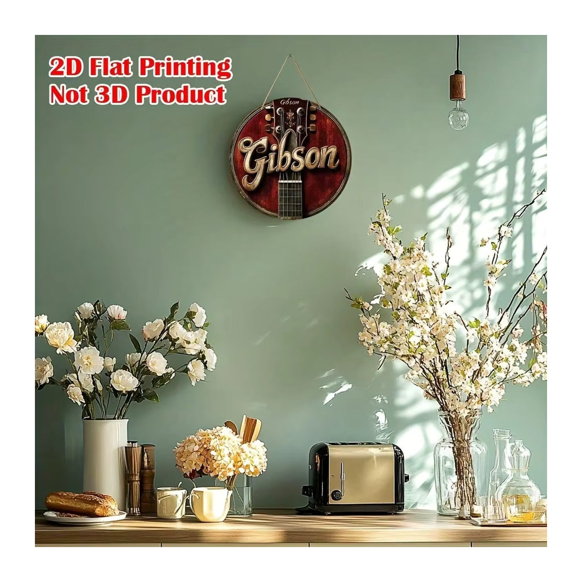 LAOHU Gitarren-Wandschild aus Holz in Rot, quadratische Wanddekoration im Vintage-Stil, B/H: 20,3 x 20,3 cm - Bild 3
