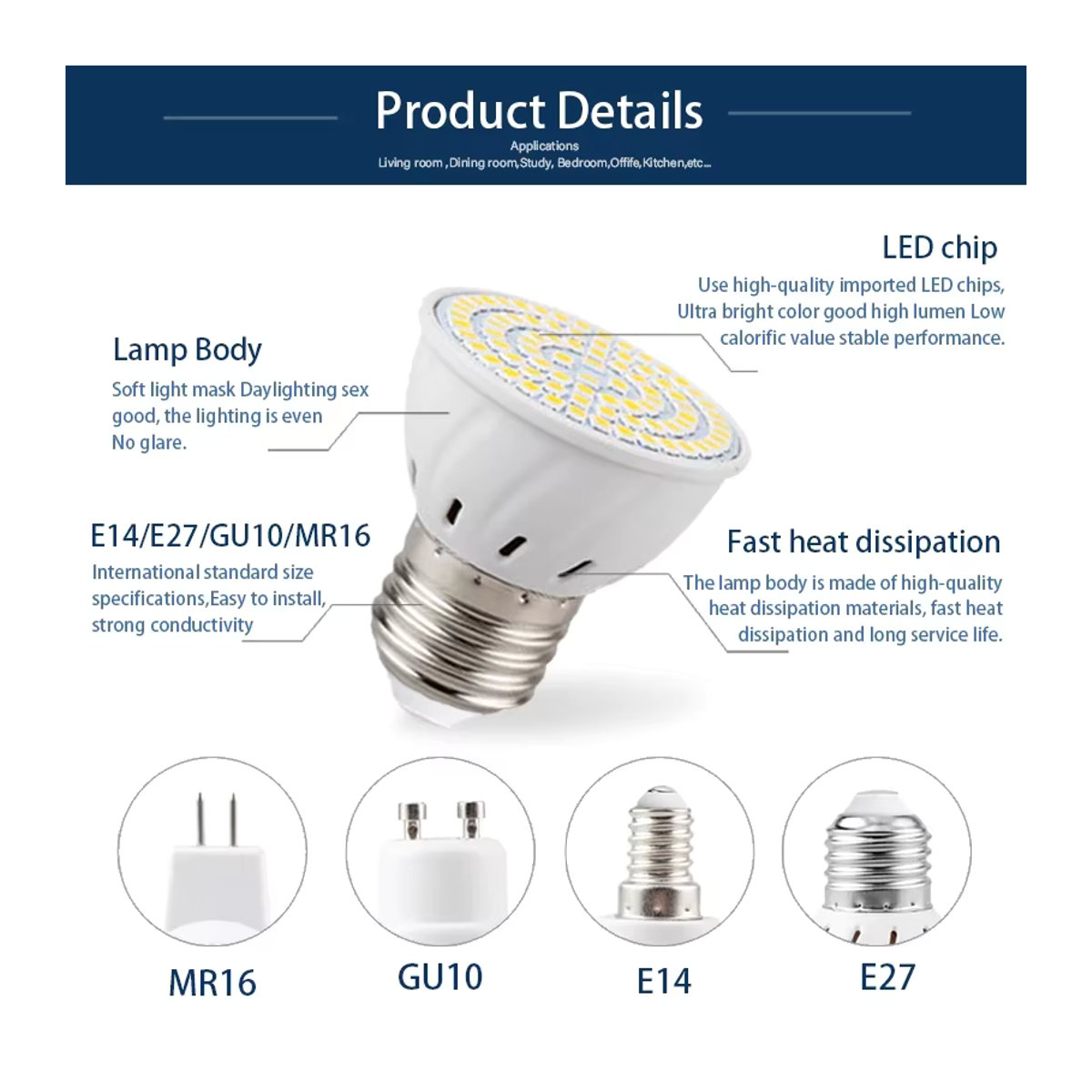 LARZI LED Spotlampe GU10 mit 2835 SMD Technologie für E27 E14 MR16 Fassungen - Bild 2