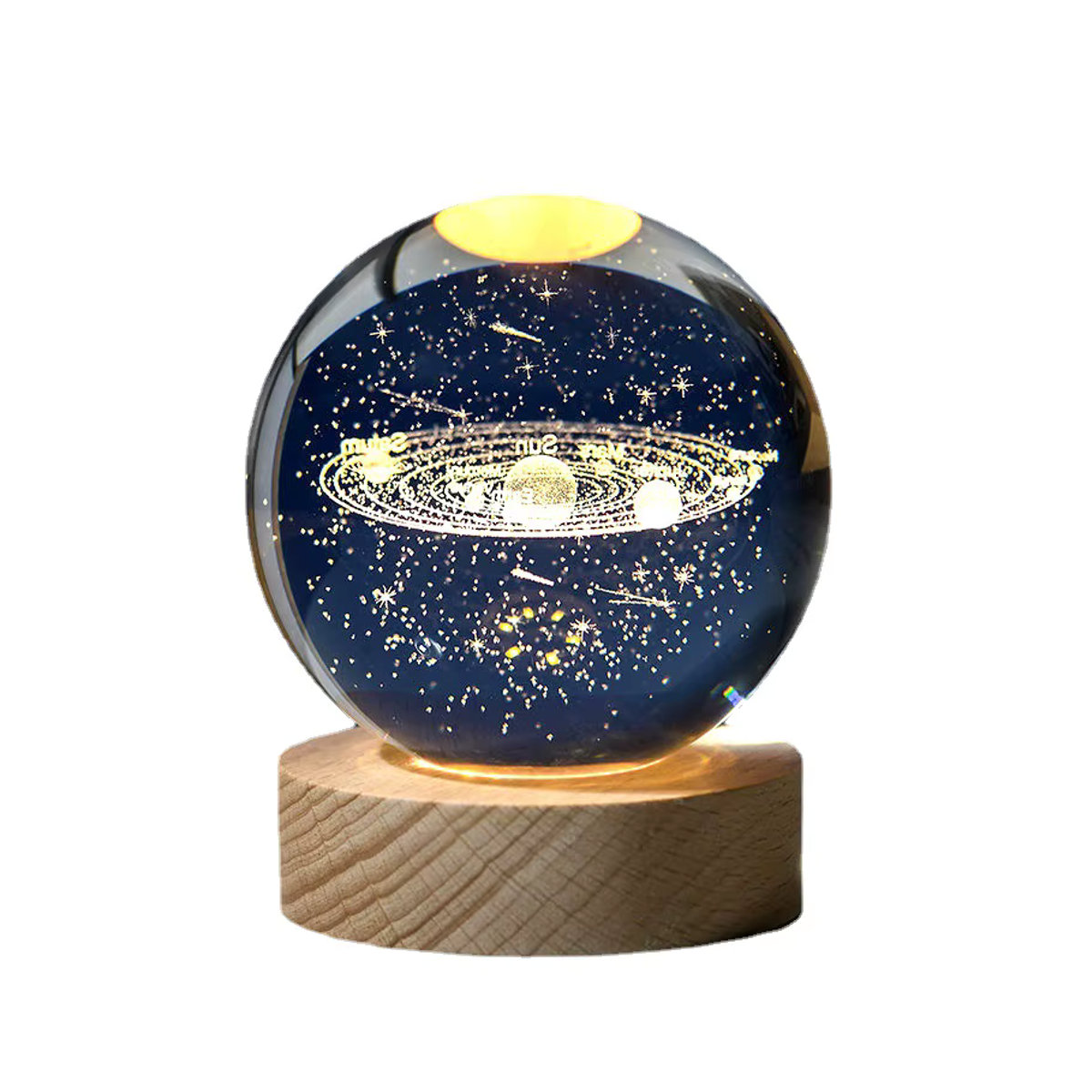 Lasergravierte Kristallkugel als LED Nachtlicht mit Holz-USB-Basis in Natur Braun zur Desktop-Dekoration - Bild 4