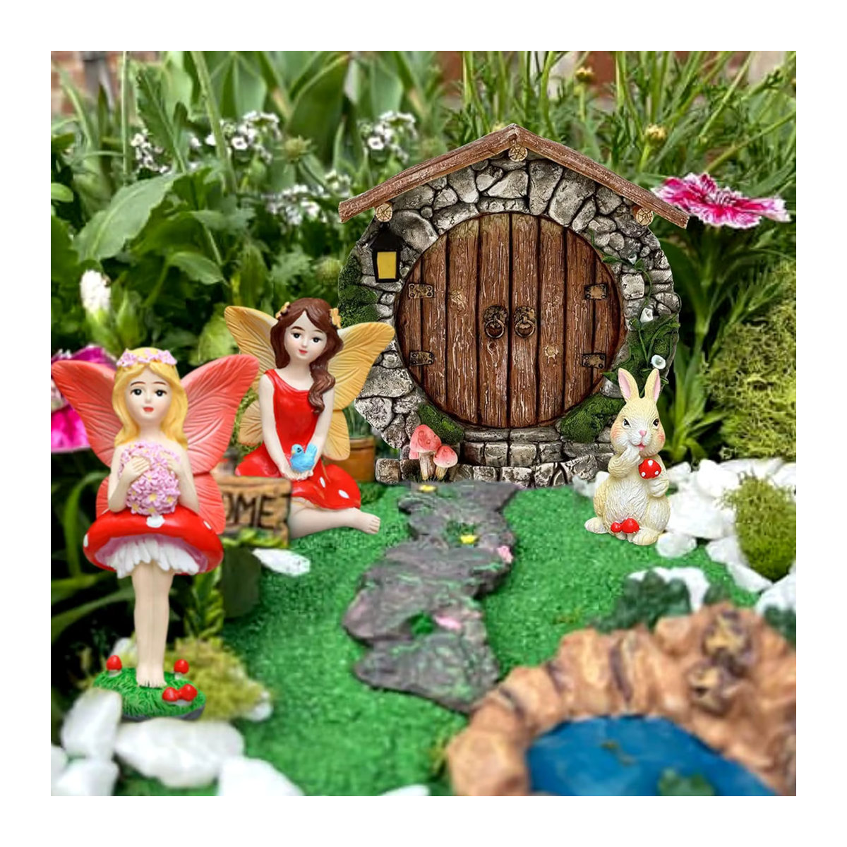 LaVenty Garden Fairy House Dekoration aus Kunstharz in Rot und Bunt als Miniatur Feen Statue für den Garten und Outdoor-Türschmuck - Bild 2