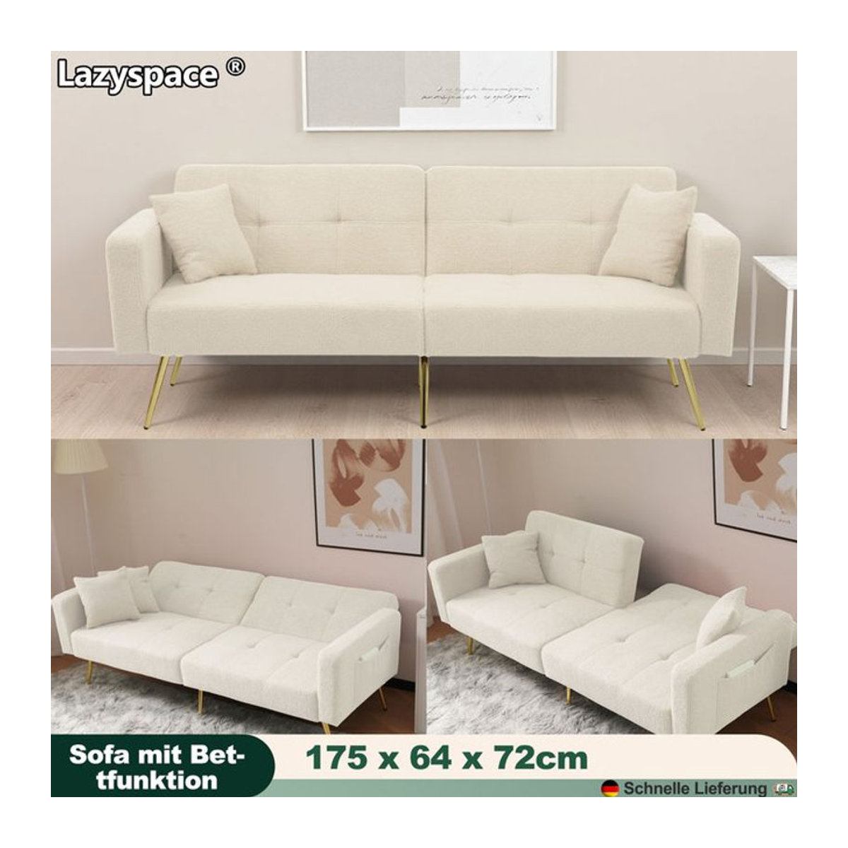 Lazyspace Modernes Samt-Schlafsofa mit Bettfunktion in Grün oder Beige inklusive Kissen und Seitentaschen - Bild 1