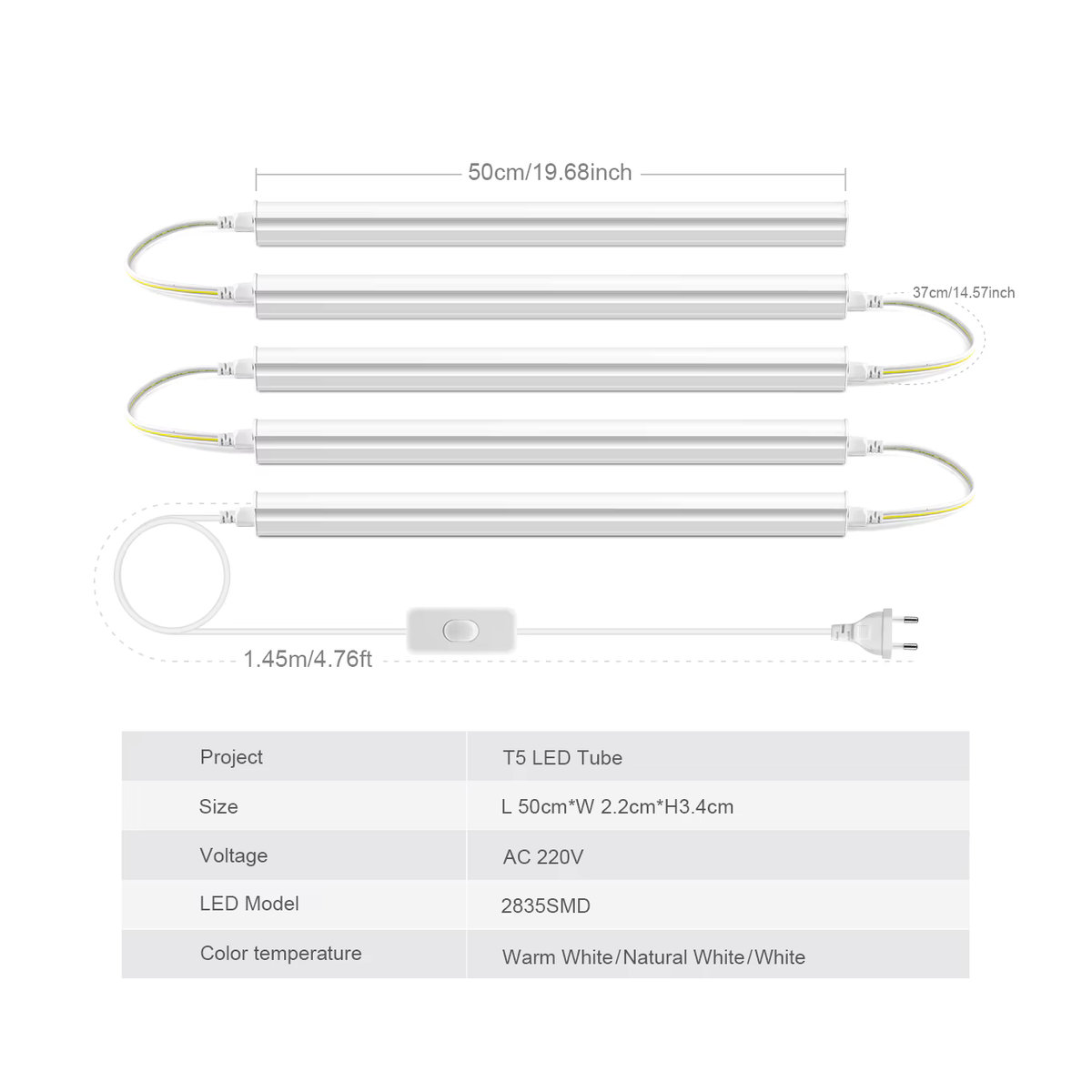 Lcamaw LED Beleuchtungs-Set für Innenwände, Decken oder Vitrinen mit T5 Röhre, Schalter und Netzkabel, minimalistisches Design, 50 cm - Bild 2
