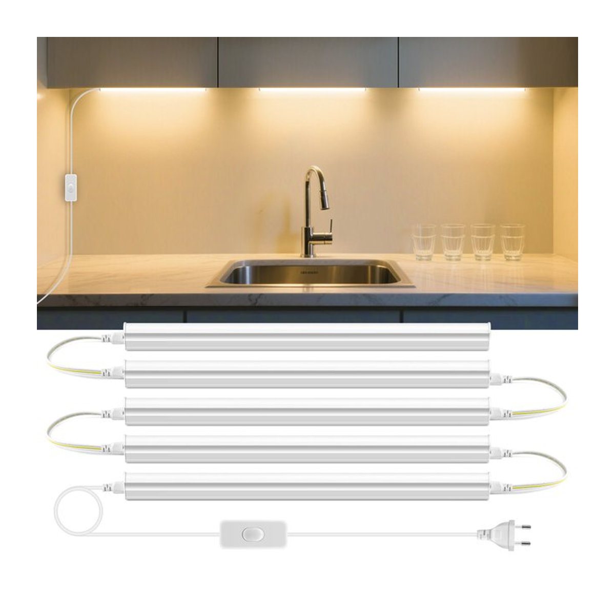 Lcamaw LED-Leuchte für die Küchenunterschrankbeleuchtung in Weiß, 15 W, 50 cm Länge mit 1,2 m Stromkabel und EU-Stecker-Schalter - Bild 1