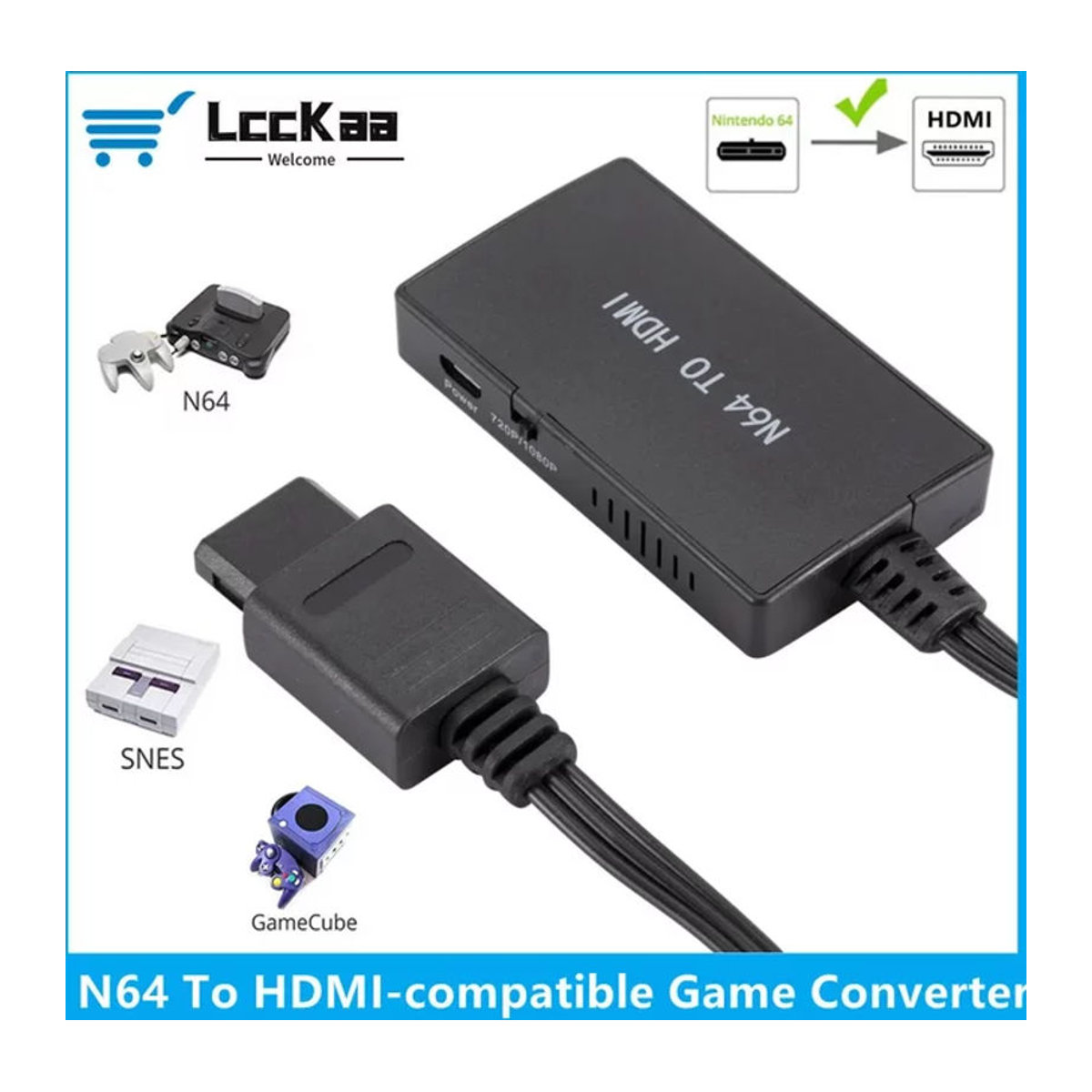 LccKaa N64 zu HDMI Adapter Konverter für Nintendo 64, SNES, NGC und SFC Konsolen in Schwarz - Bild 1