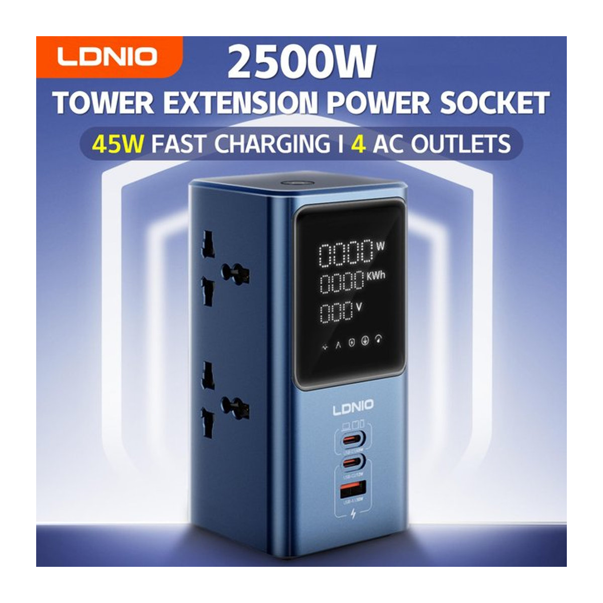 LDNIO Vertikale Turm-Steckdosenleiste mit 45 W Schnellladegerät, USB-C, QC PD und Display, Blau, Modern - Bild 1