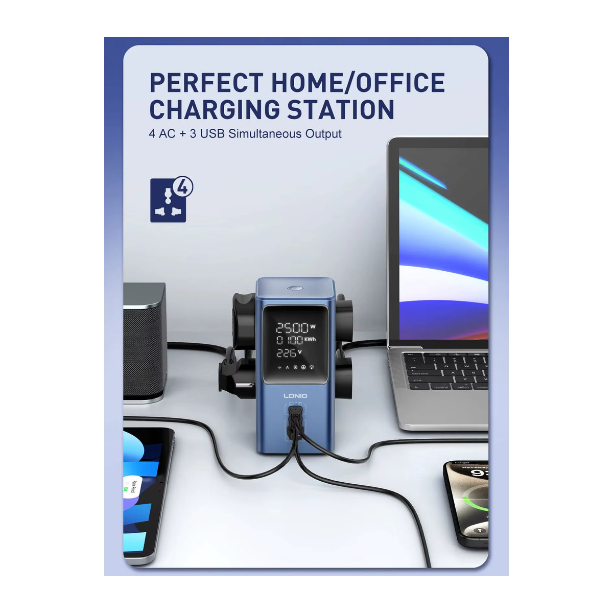 LDNIO Vertikale Turm-Steckdosenleiste mit 45 W Schnellladegerät, USB-C, QC PD und Display, Blau, Modern - Bild 2