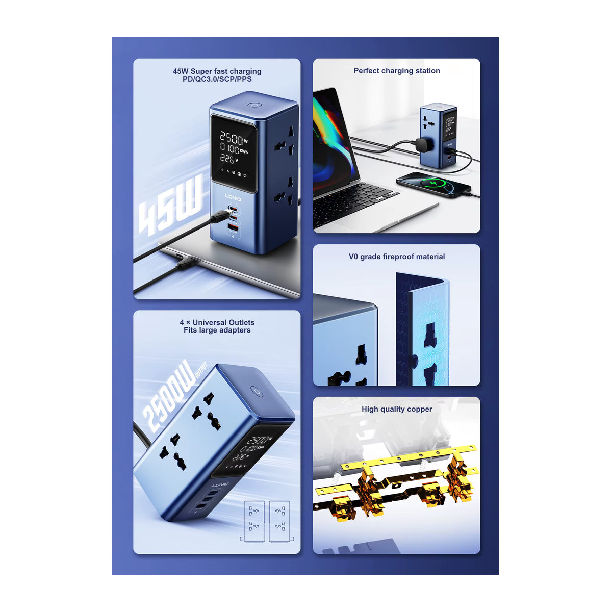 LDNIO Vertikale Turm-Steckdosenleiste mit 45 W Schnellladegerät, USB-C, QC PD und Display, Blau, Modern - Bild 3
